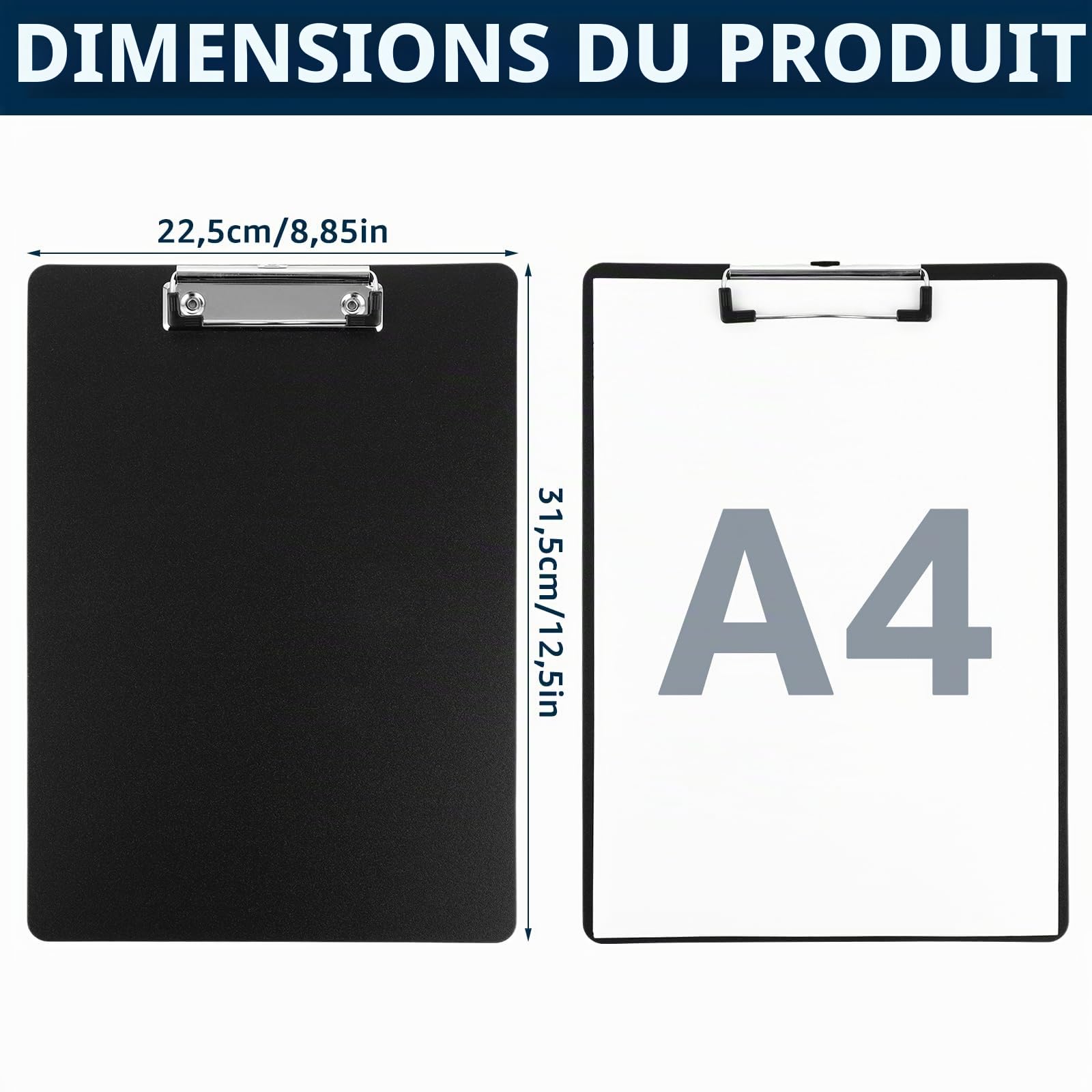 Lot de 12 Porte bloc A4 avec Pince, Porte bloc a4 en plastique en métal et boîte de suspension Noir Pour l'école, la maison, le bureau