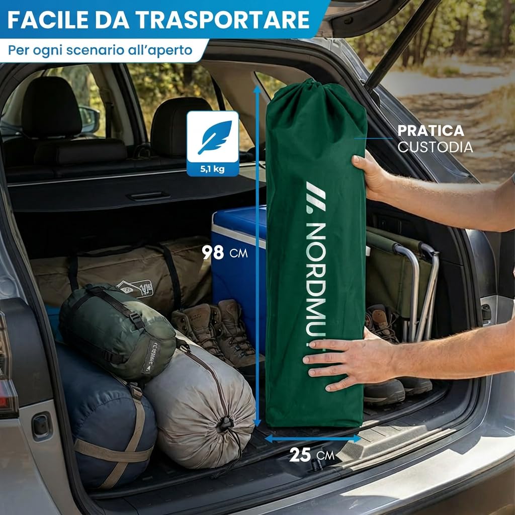 NORDMUT® Sedia da campeggio pieghevole leggera – stabile con portata 200 kg – Comoda sedia da pesca con pratica borsa frigo e portabicchieri (Verde 1x)
