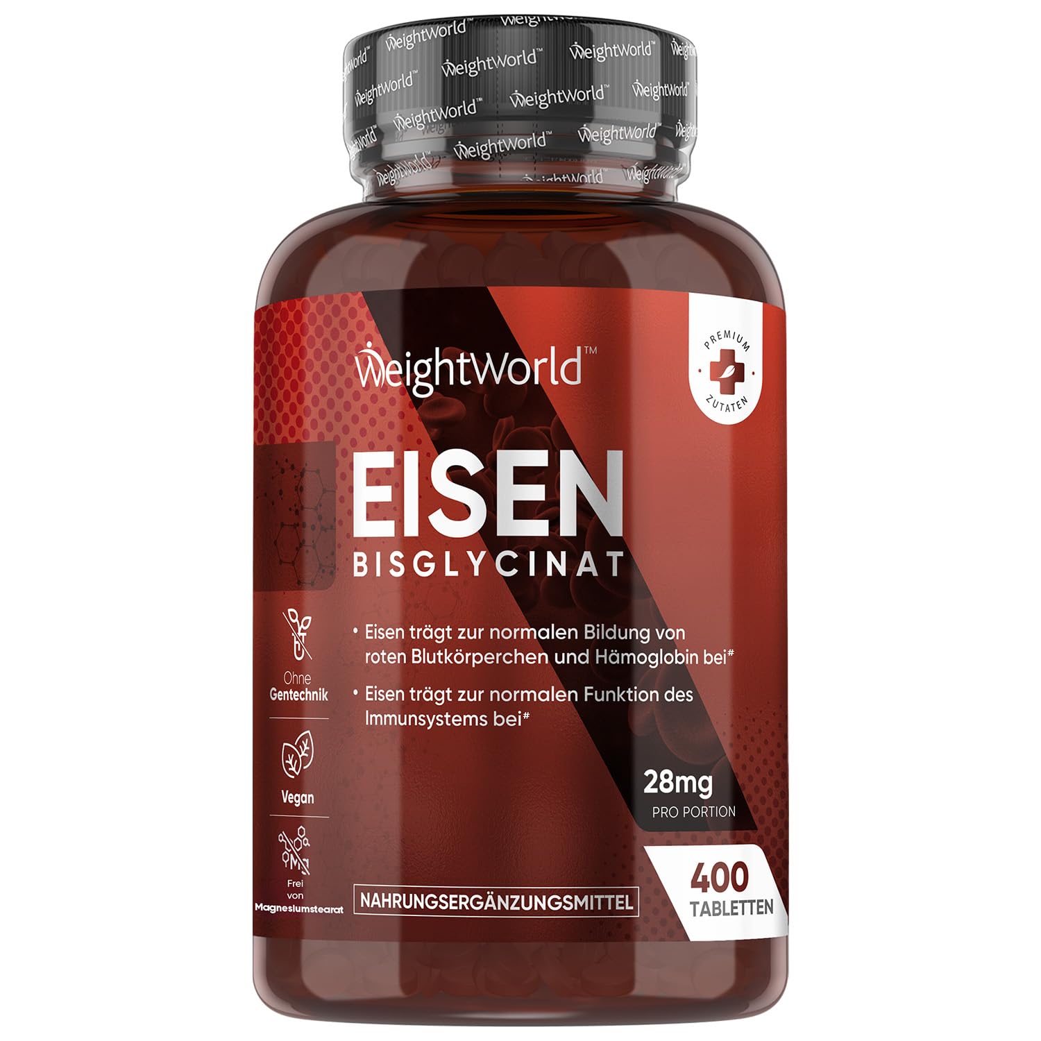 Eisentabletten - 400 vegane Tabletten - Eisen trägt zu einem normalen Energiestoffwechsel bei (EFSA) - 2 Tabletten pro Portion - 28mg Iron pro Tag - 6+ Monate Vorrat - Eisenbisglycinat - WeightWorld