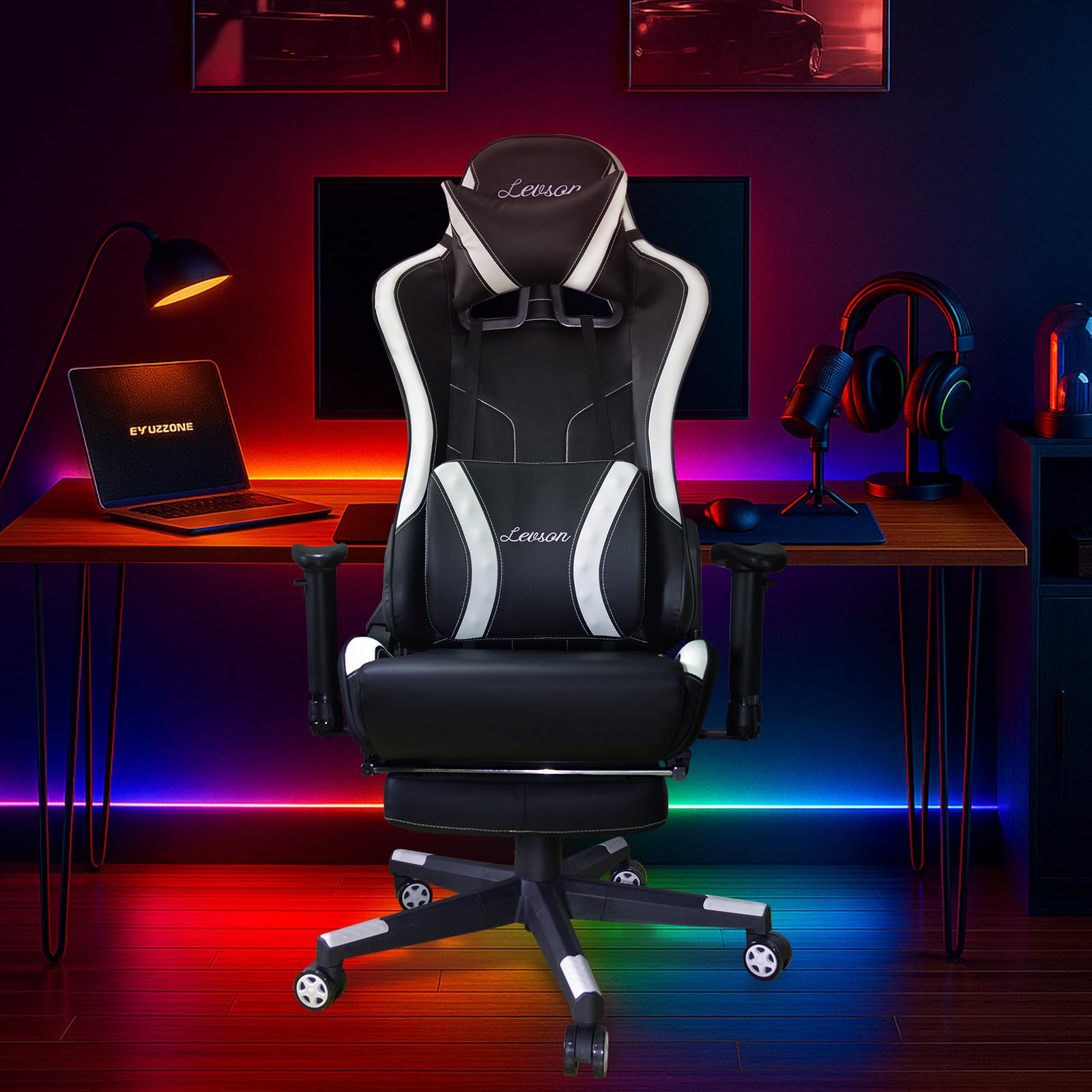 Chaise Gaming pour Adultes, Chaise Bureau Gaming, Chaise de Bureau Ergonomique avec Repose-Lombaire, Appuie-Tête, Repose-Pieds et Rotation 360° (Noir)