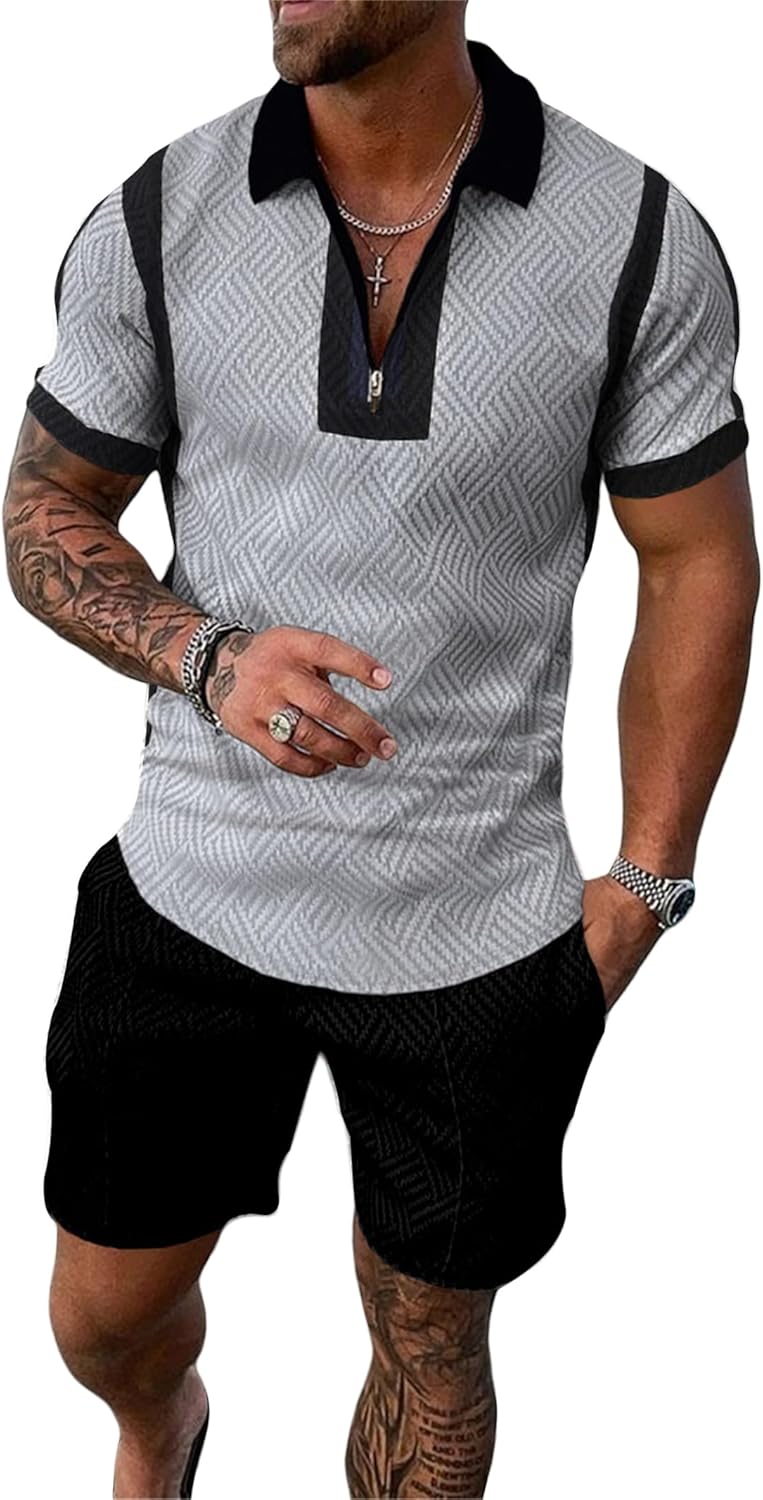 MQUN Summer men short sets outfits 2 Piece Short Sleeve Polo Shirt Shorts Set men short sets outfits Casual Sport Suit