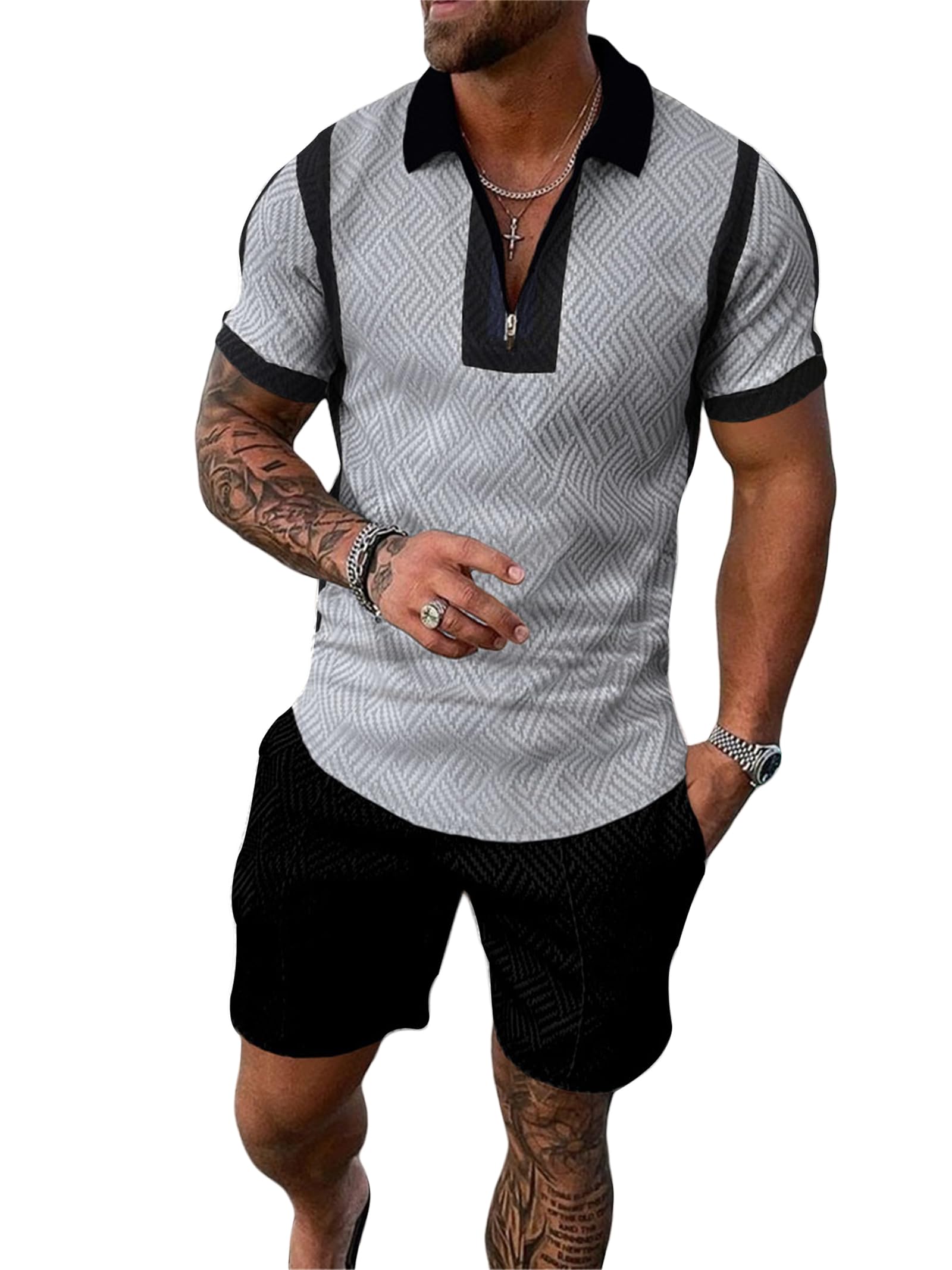 MQUN Summer men short sets outfits 2 Piece Short Sleeve Polo Shirt Shorts Set men short sets outfits Casual Sport Suit