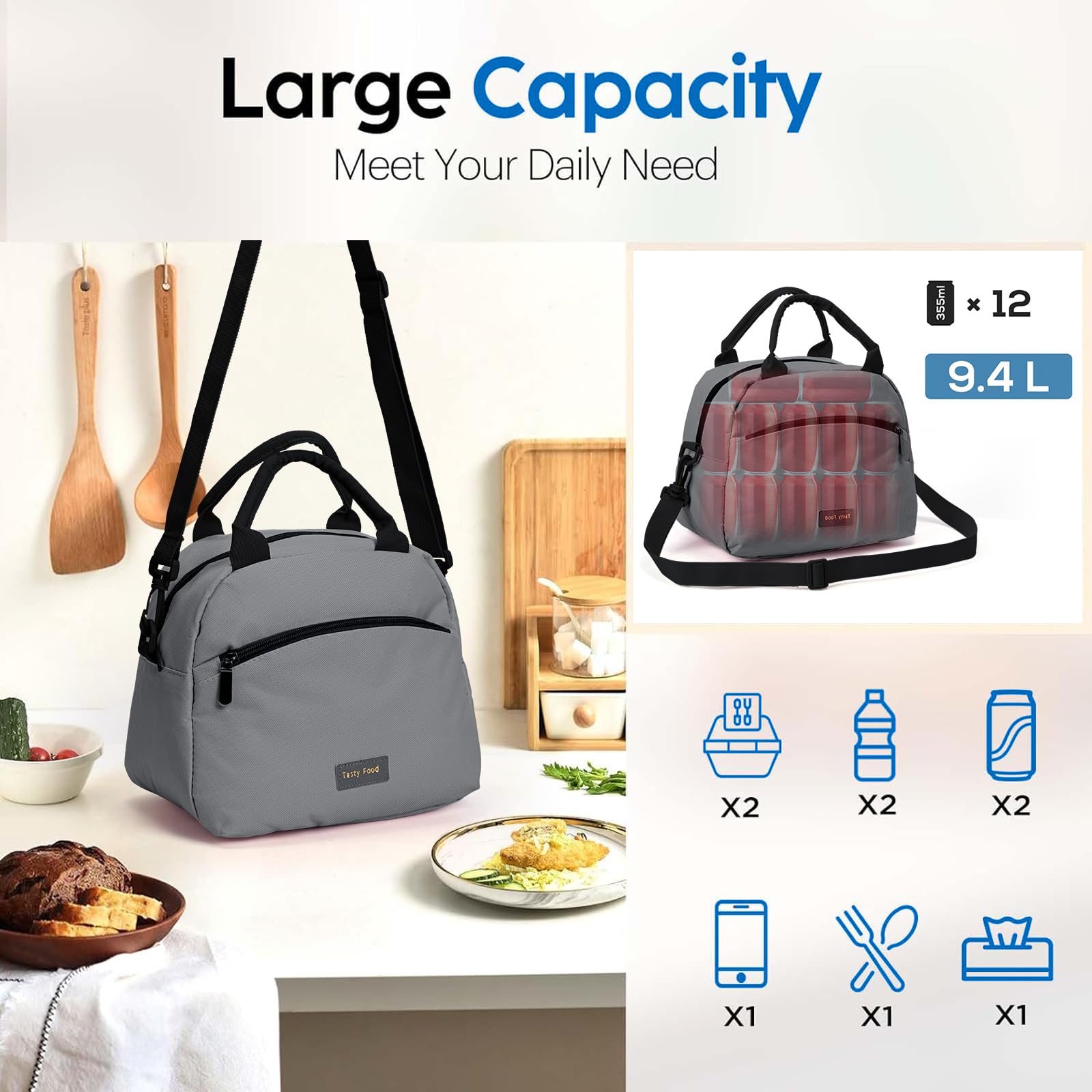 Runmeihe Lunch Bags for Women Reusable Women's Insulated Lunchbag with Strap,Adults Small Waterproof Cooler Lunch Bags for Work Travel Picnic School (Grey) - Image 2