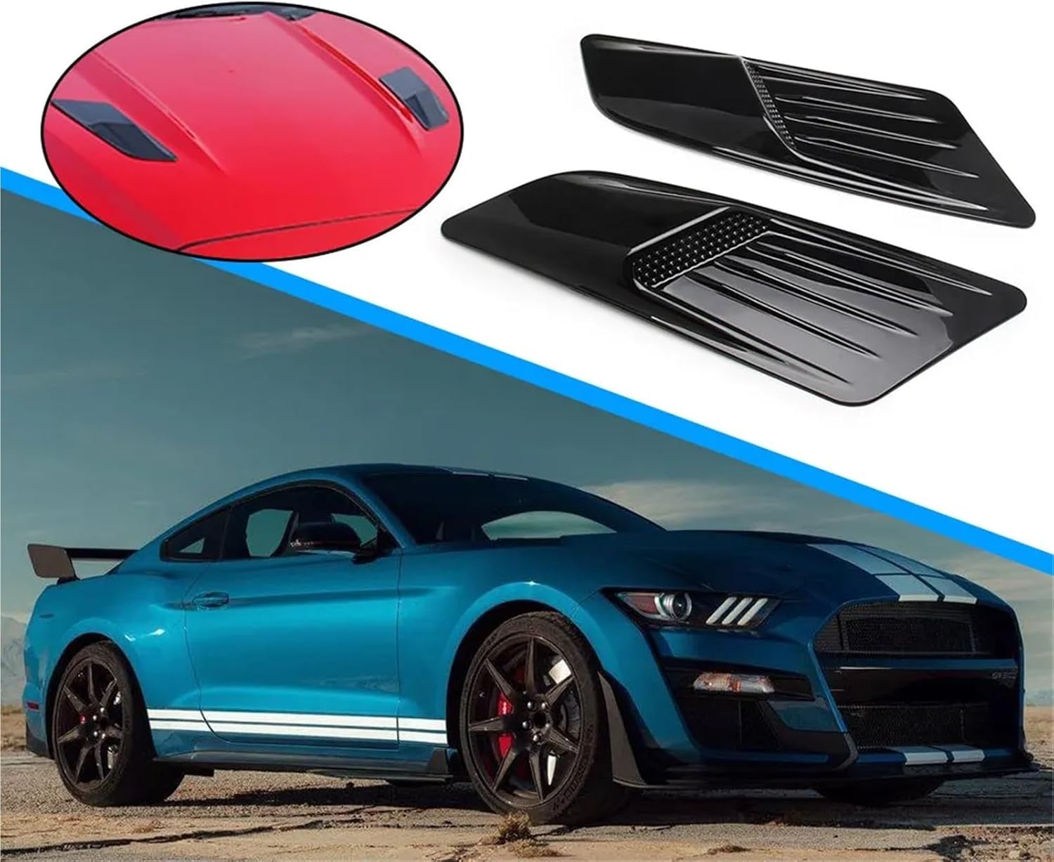 Car Carbon Fiber Look Front Hood Air Intake Trim Scoop Vent Guards Compatible with Ford Mustang 2015-2017 Decorative Car Cover Accessories(Black)