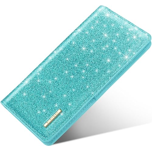 Ultra Slim Womens Wallet Minimalist Thin Long Leather Bifold Wallet RFID Blocking Card Holder Organizer with Zipper Coin Pocket Ladies Girls Gift Purse, Glitter Tiffany