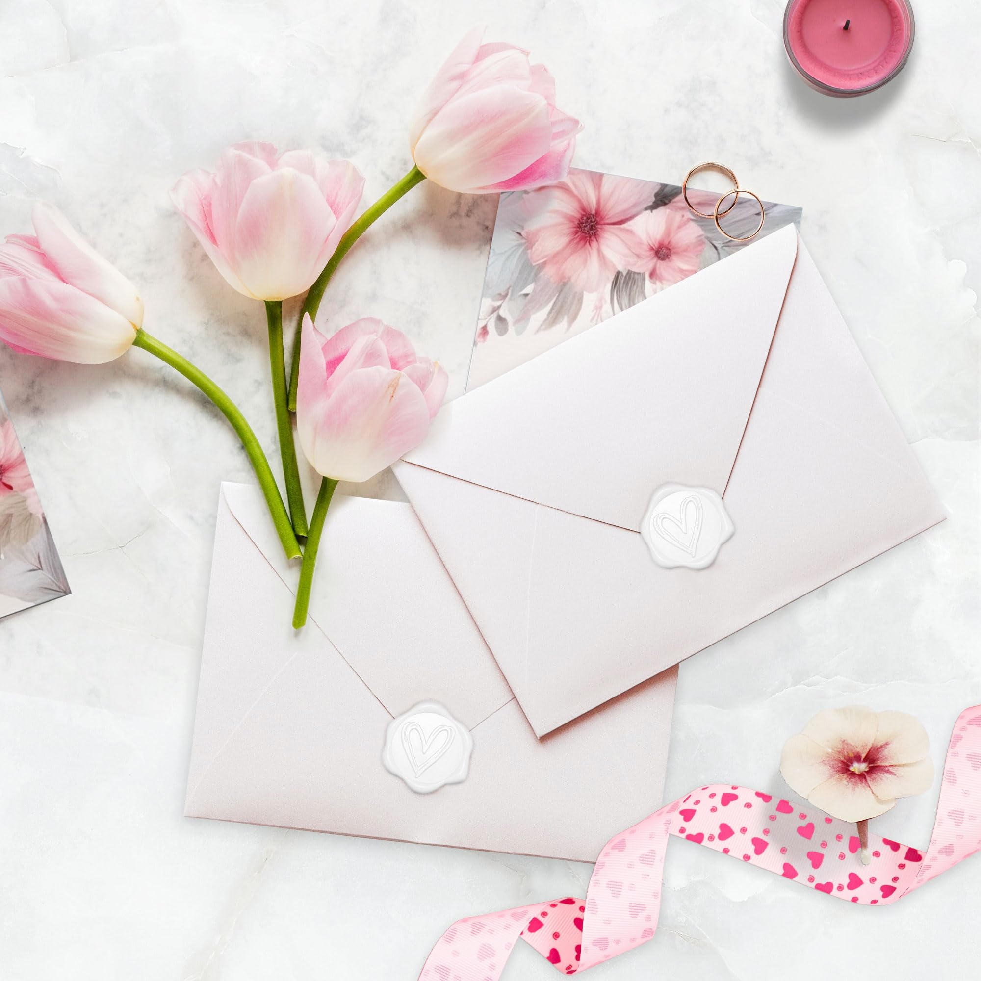 50 sellos de cera autoadhesivos, diseño de corazón, para bodas, invitaciones, regalos, cartas (blanco)