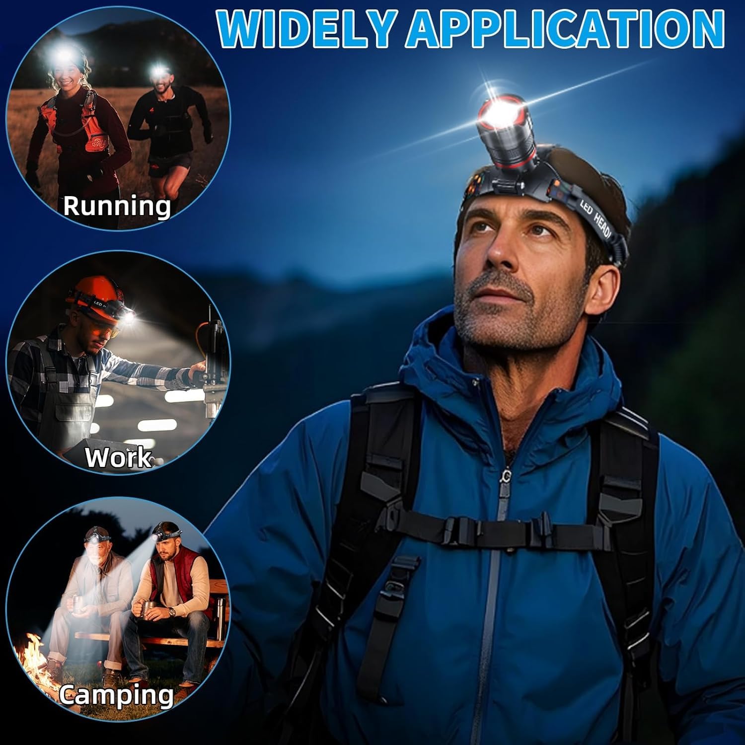 Stirnlampe. USB wiederaufladbare Stirnlampe. Ultrahelle Kopflampe, max. 90.000 lm. Superhelles LED-Stirnlicht. Zoombarer IPX54-Scheinwerfer. Campingzubehör. 4 Modi, wasserdichter Scheinwerfer