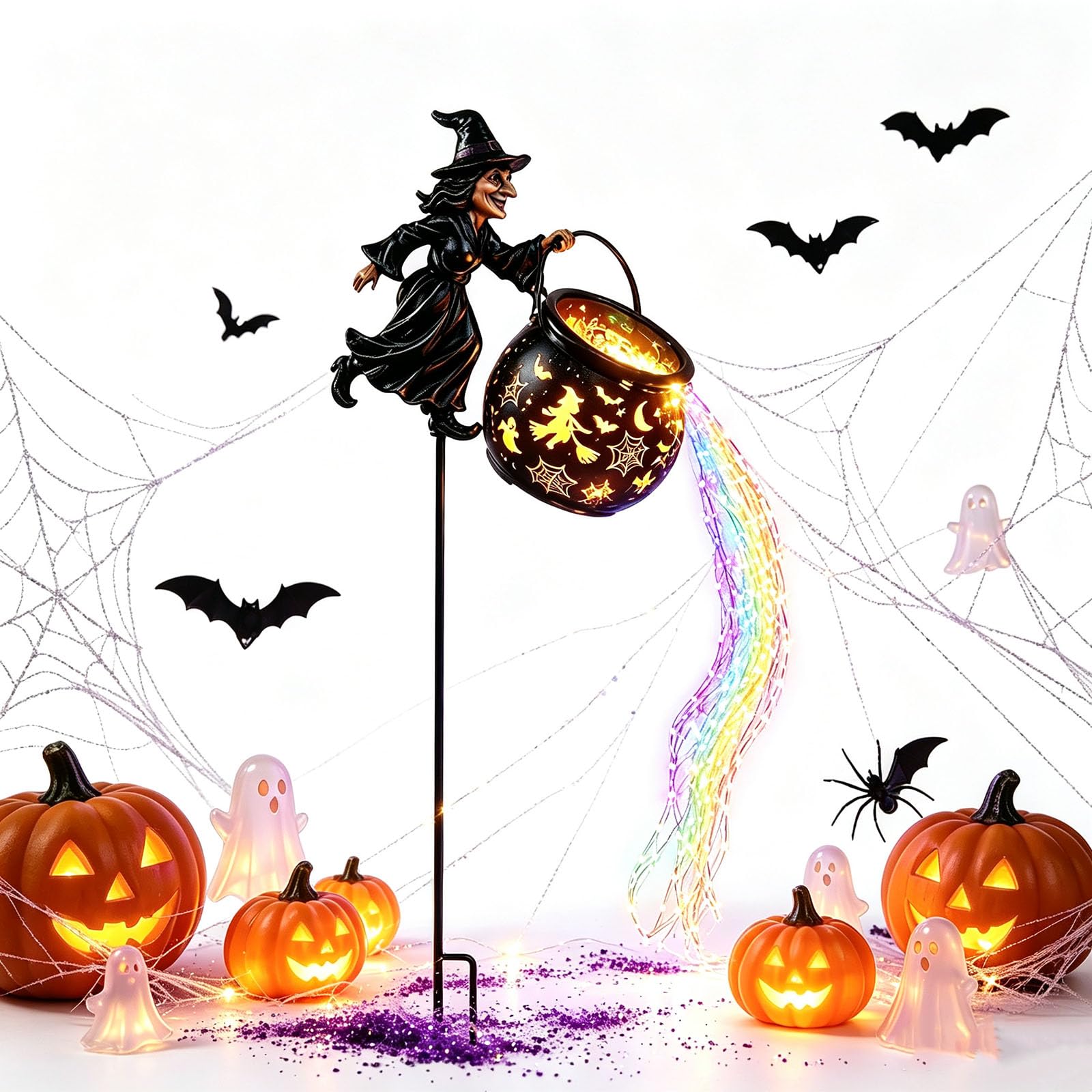 Everydries Halloween Witch Cauldron Garden Light, LED Color Waterfall-Style Light Flow Flying Witches Halloween Décor (1pcs)
