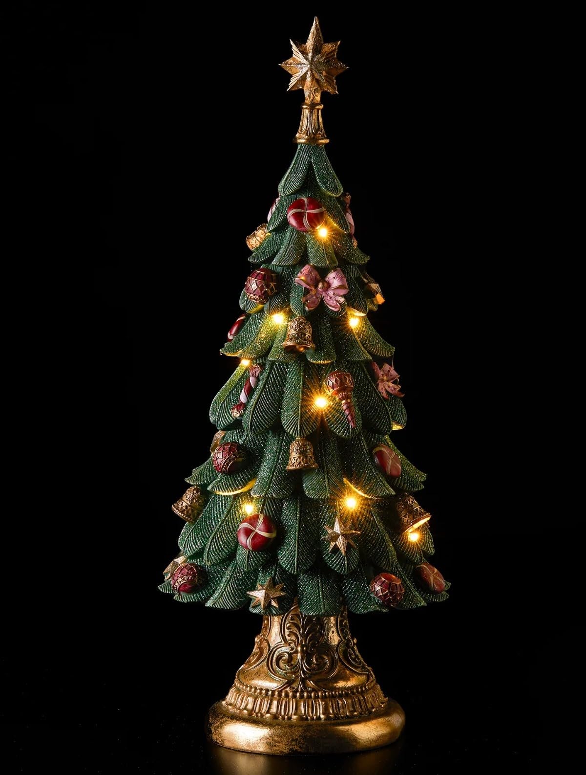 EDG Árbol de Navidad musical de resina con adornos y luces LED