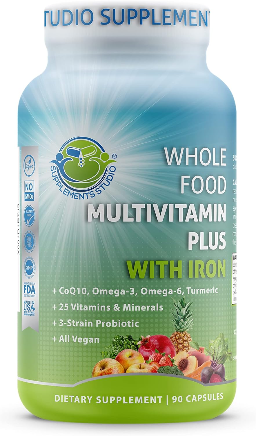 Supplements Studio Daily Vegan Whole Food Multivitamin Plus for Men & Women, with Iron, Organic Fruits and Vegetables, B-Complex, Probiotics, Enzymes, CoQ10, Omegas, Turmeric, All Natural, Non-GMO : Everything Else