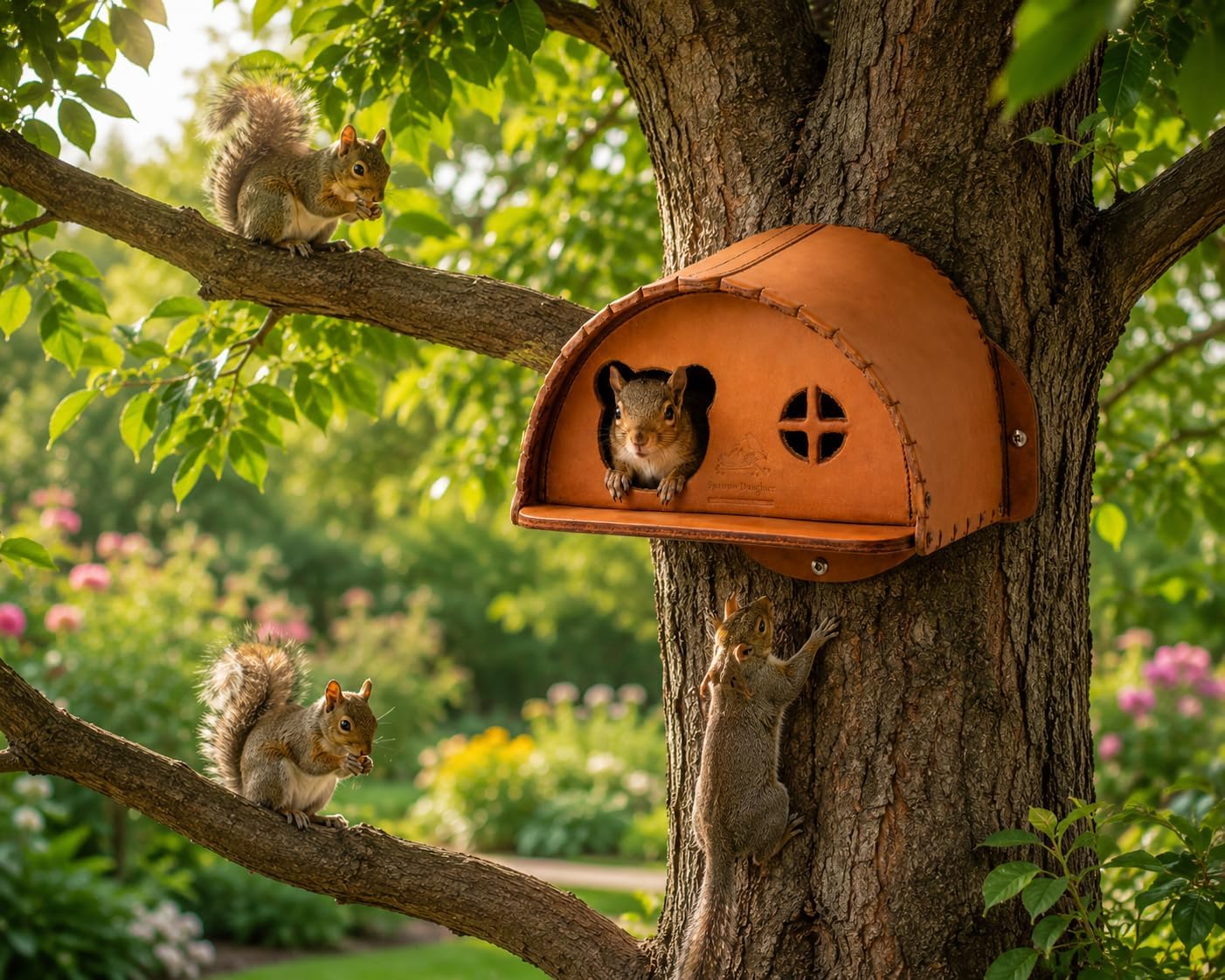 SparrowDaughter’s Leather Squirrel House for Outdoors, Garden, Backyard, Small Animals Habitat for Chinchilla, Suger Glidder,mice Squirrel with Poles, Squirrel Nest & Feeder,Natural Color 4