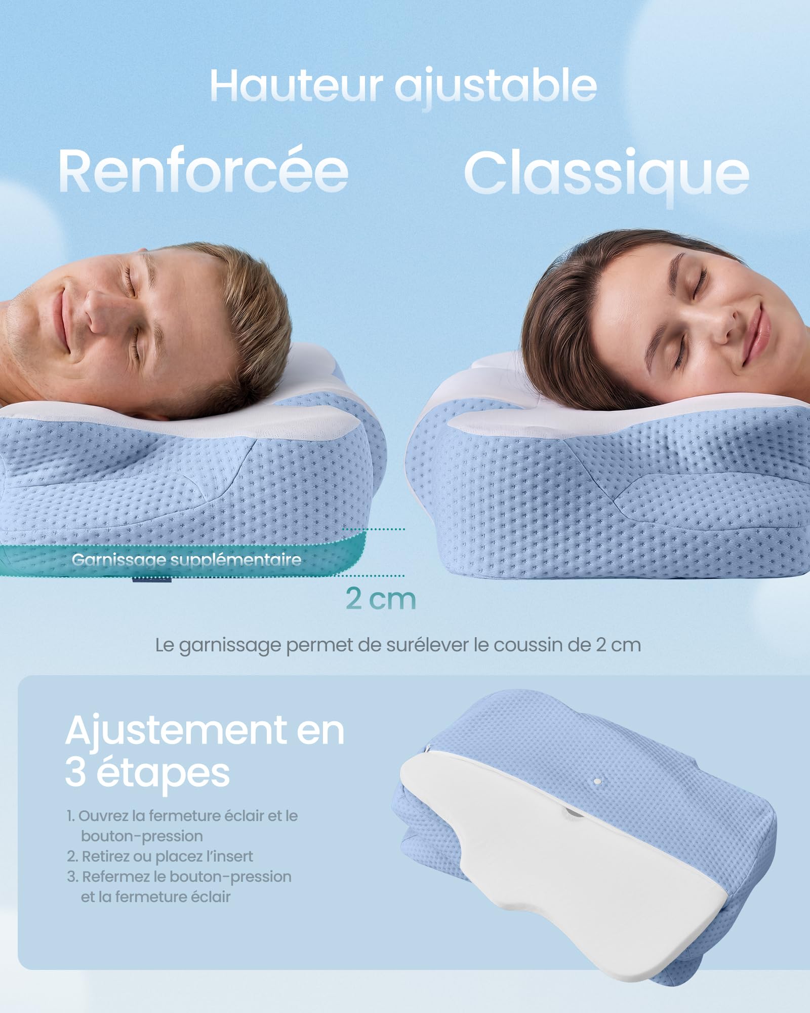 SONGMICS Oreiller Ergonomique, Hauteur Ajustable, Coussin en Mousse à Mémoire de Forme, pour Dormeurs sur Le Côté, Le Dos et Le Ventre, Toucher Frais, Blanc Nuage et Bleu TBP051Q101