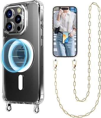 UnnFiko Crossbody Phone Lanyard for iPhone 16 Case Compatible with Magsafe Clear, Metal Phone Strap Phone Case Shockproof Protection, Magnetic Phone Case for iPhone 16Gold Lanyard