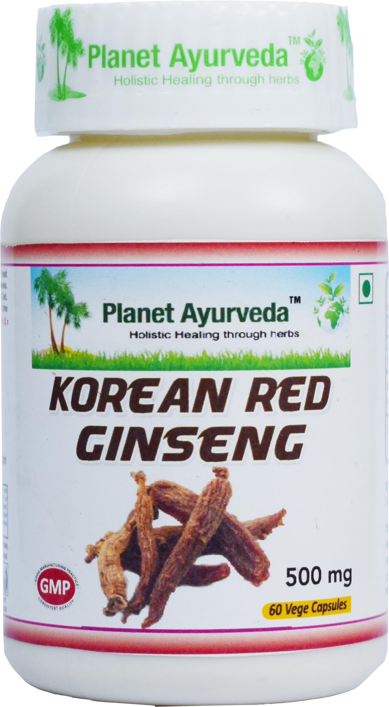 Planet Ayurveda Korean Red Ginseng 60 Veg Capsules, 500 MG Each with Extracts - Boost Body Energy, Strength