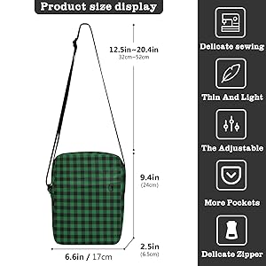 ★TOUT Y EST★ Green check pattern small crossbody bag CLDMB Unisex Crossbody Bag, Black Lumberjack Durable Sling Side