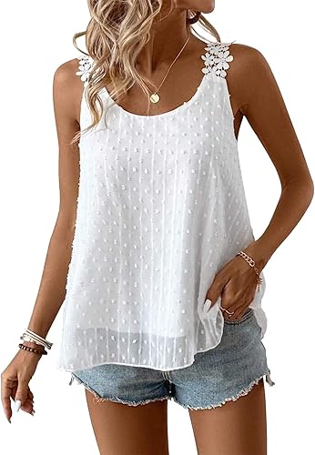 Womens Tank Tops Flowy Sleeveless Summer Boho Tank Top for Women Casual Crewneck Strap Lace Camisole Shirts