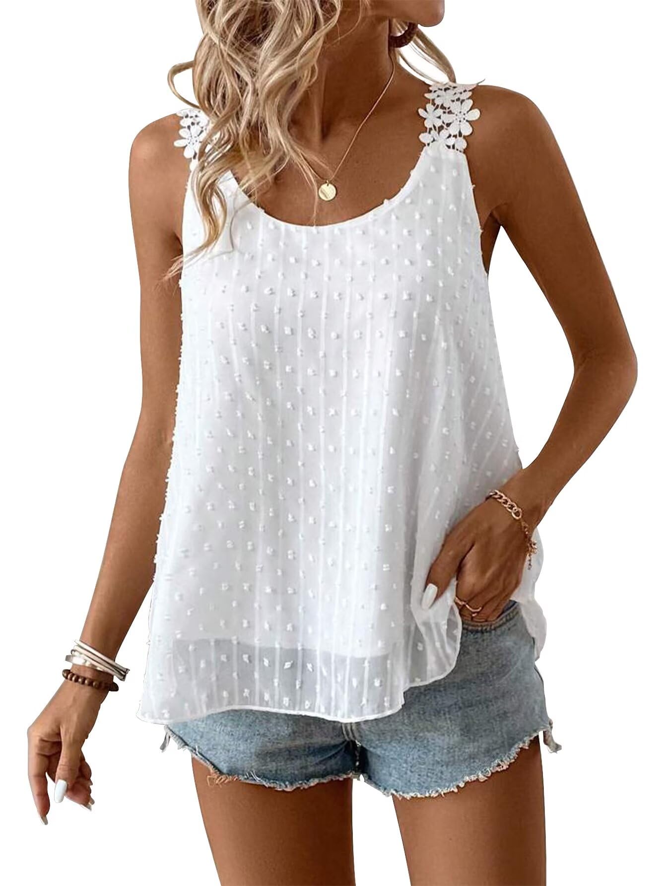 Falechay Womens Tank Tops Flowy Sleeveless Summer Boho Tank Top for Women Crewneck Spaghetti Strap Lace Camisole Shirts