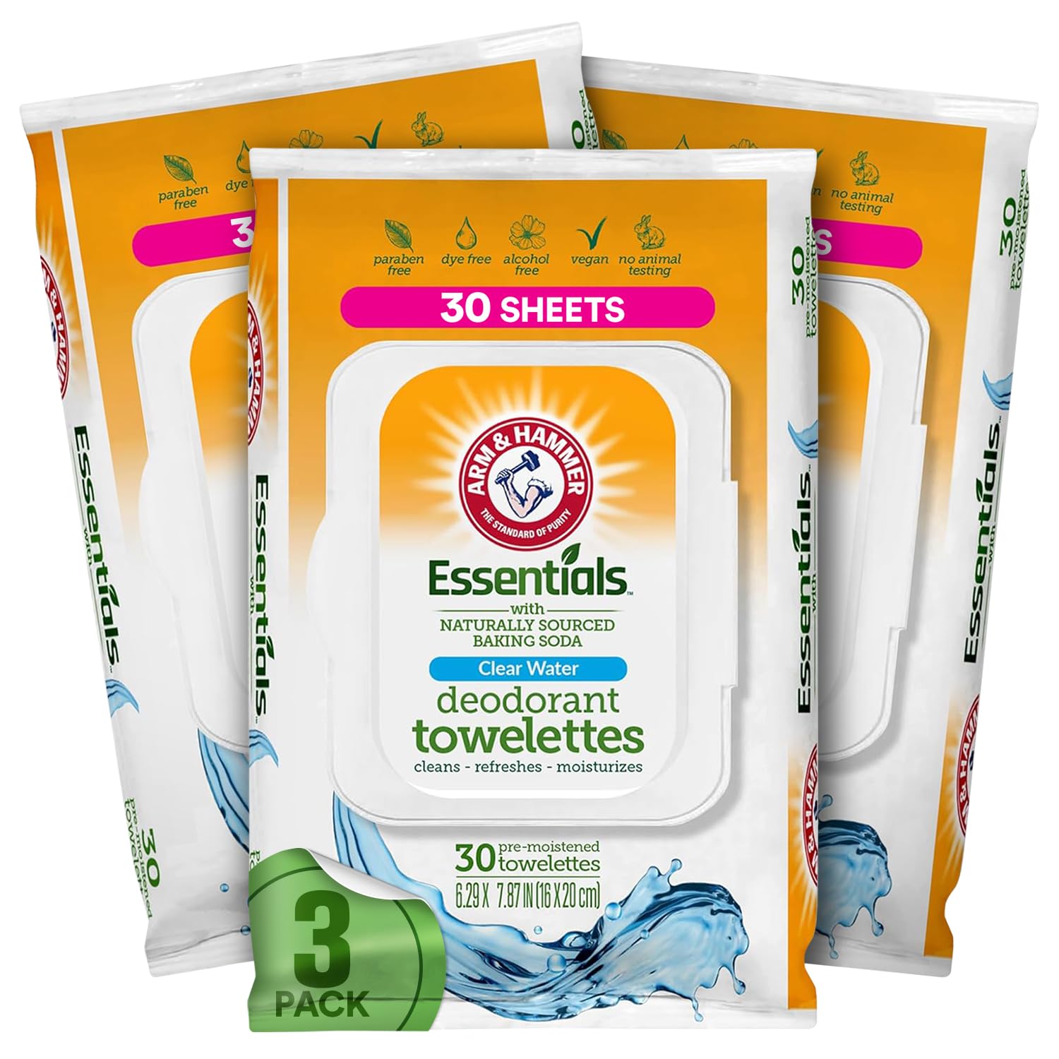Arm and Hammer 3 Pack Face and Body Wipes for Adults - Deodorant Towelettes 90 Sheets for Women - Shower Wipes for Traveling, Camping, Gym, and Bathing - Alcohol-Free Face Sheets (Clear Water)