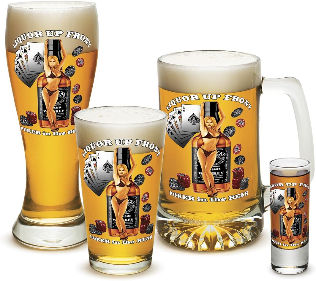 Poker Gambling Cards Holdem Funny - Liquor Up Front Poker in the Rear - Classic Premium Beer Pint Glasses 16 Ounce - Set of 4 - Highball Cocktail Mixing Glass - Perfect for Cold Beverages - With Logo