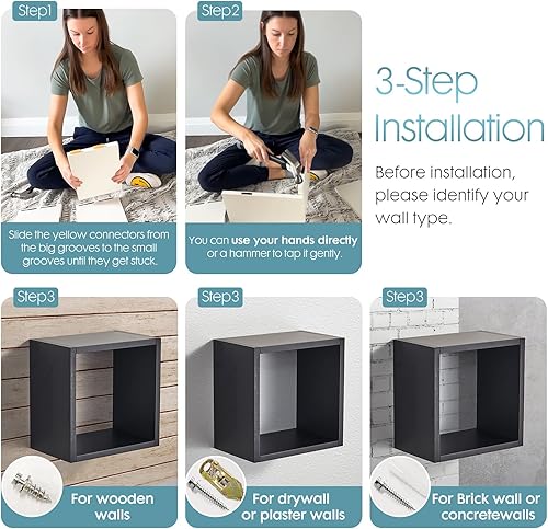 Miniatura 4 de Kaboon Juego de 3 estantes de montaje en pared, estantes negros para descubrimiento espacial para uso doméstico y comercial, juego de estantes de