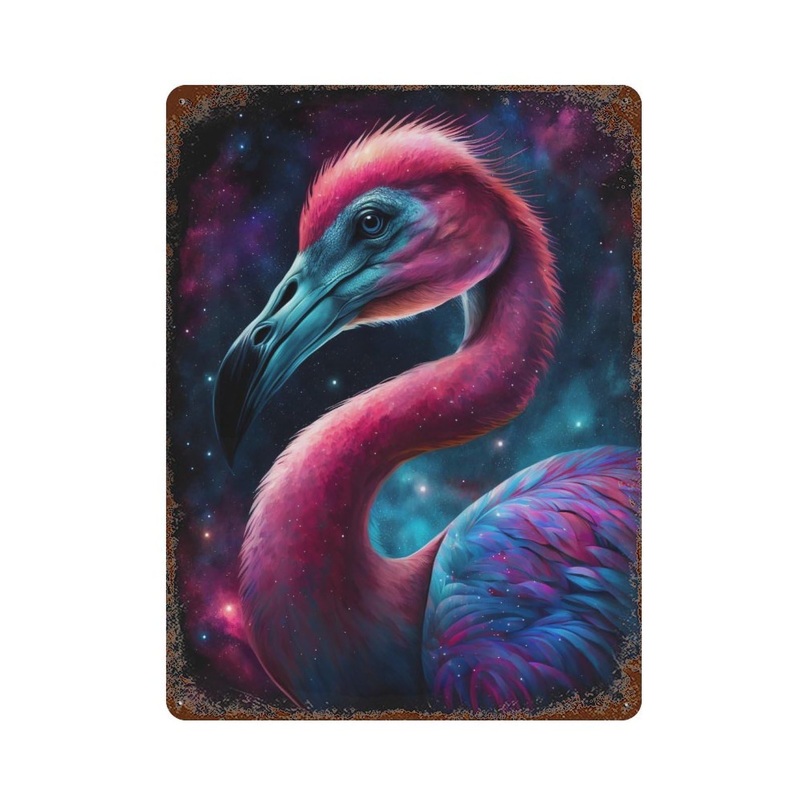 Cosmic Flamingo Art Print-8 15.7"x11.8" Aged Metal Wall Plaque, Novelty Wall Decor for Shed, Workshop And Garage Wall Decor