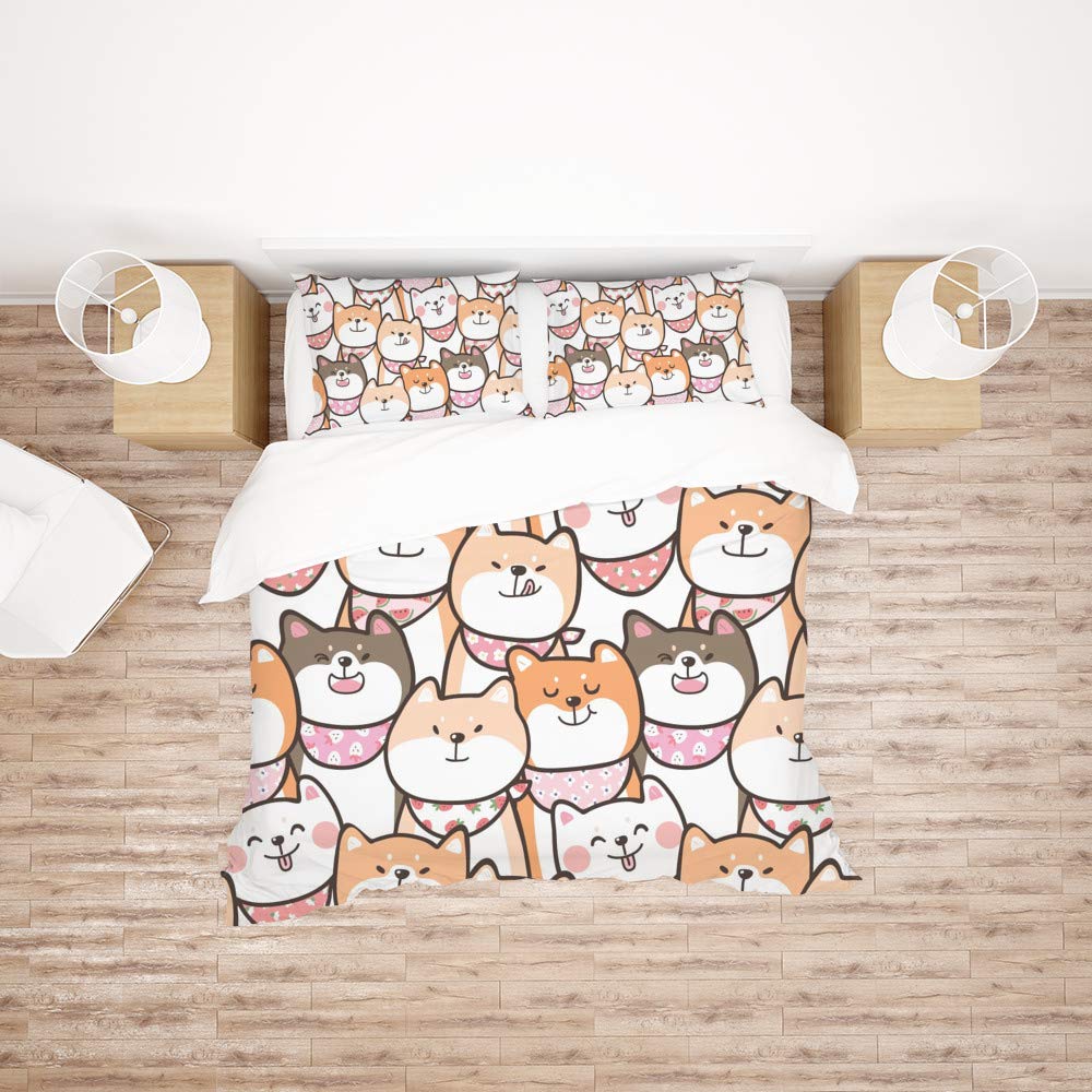 Funda de edredón de 3 piezas para cama matrimonio con estampado Shiba Inu