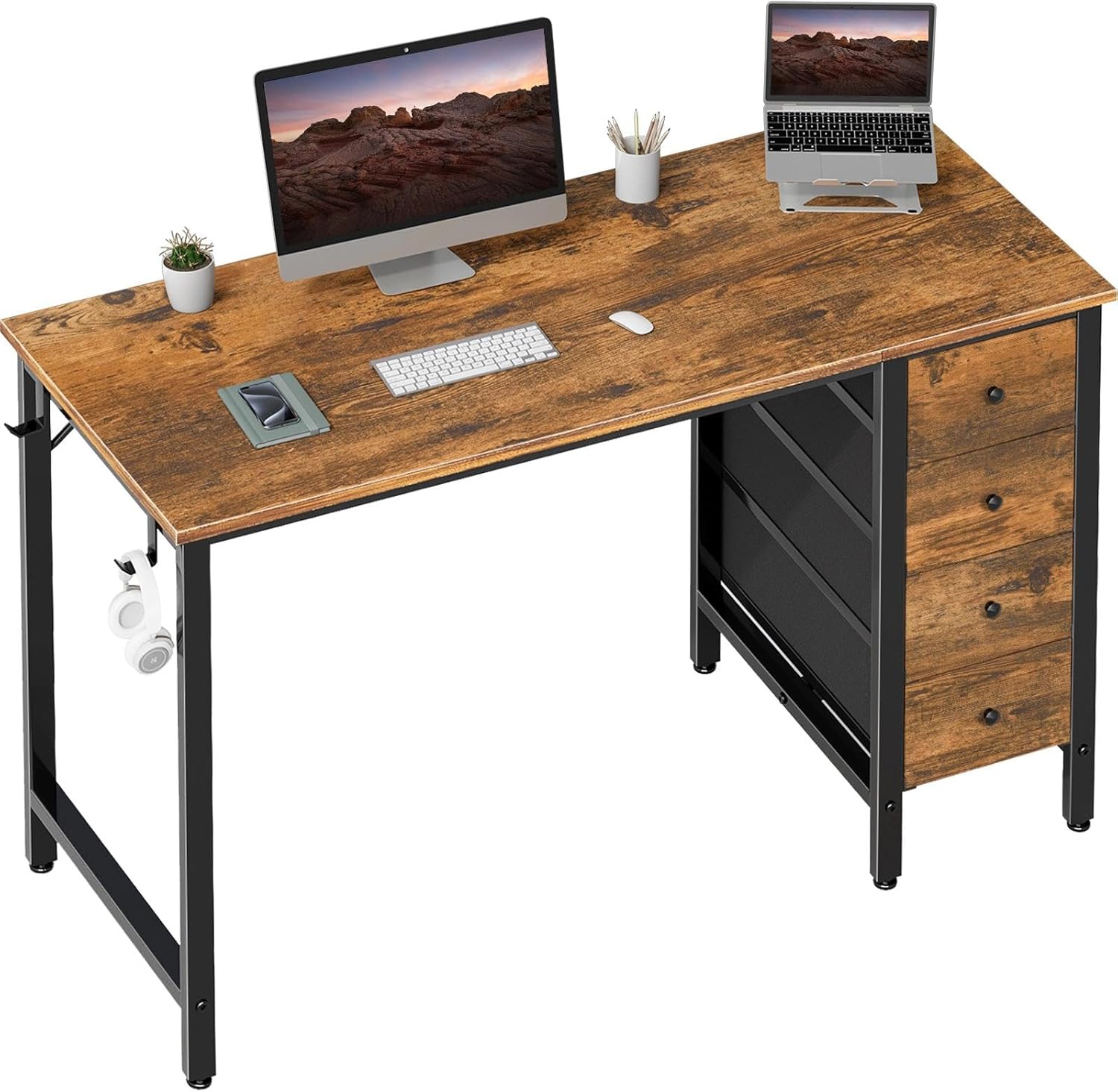DLisiting 47 Inch Computer Office Desk - Home Office Desk with Storage Fabric Drawers, Simple PC Writing Work Desks for Bedroom Boys Girls Teens Childrens, Rustic Brown