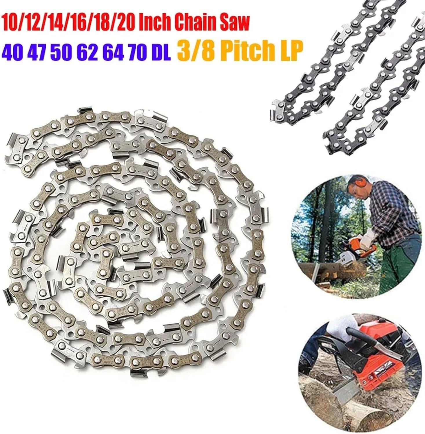 Paquete de 3 cadenas motosierra 10 a 20 pulgadas, paso 3/8, calibre 0,050 (eslabón transmisión 47 12 pulgadas)(14Inch 50Drive Link)