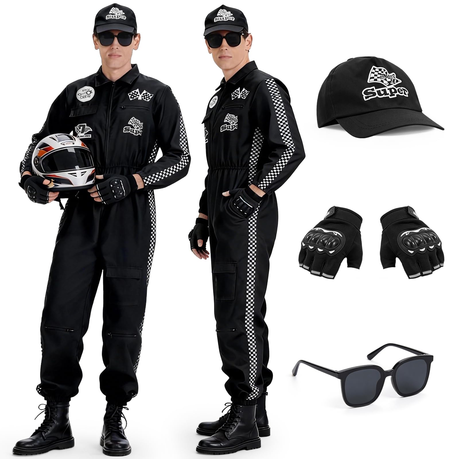 Disfraz Piloto Carreras Hombre, Conjunto de Disfraz Conductor de Coches Adult Mono de Carreras Hombre con Guantes, Gafas de Sol y Sombrero Costume da Pilota para Carnaval