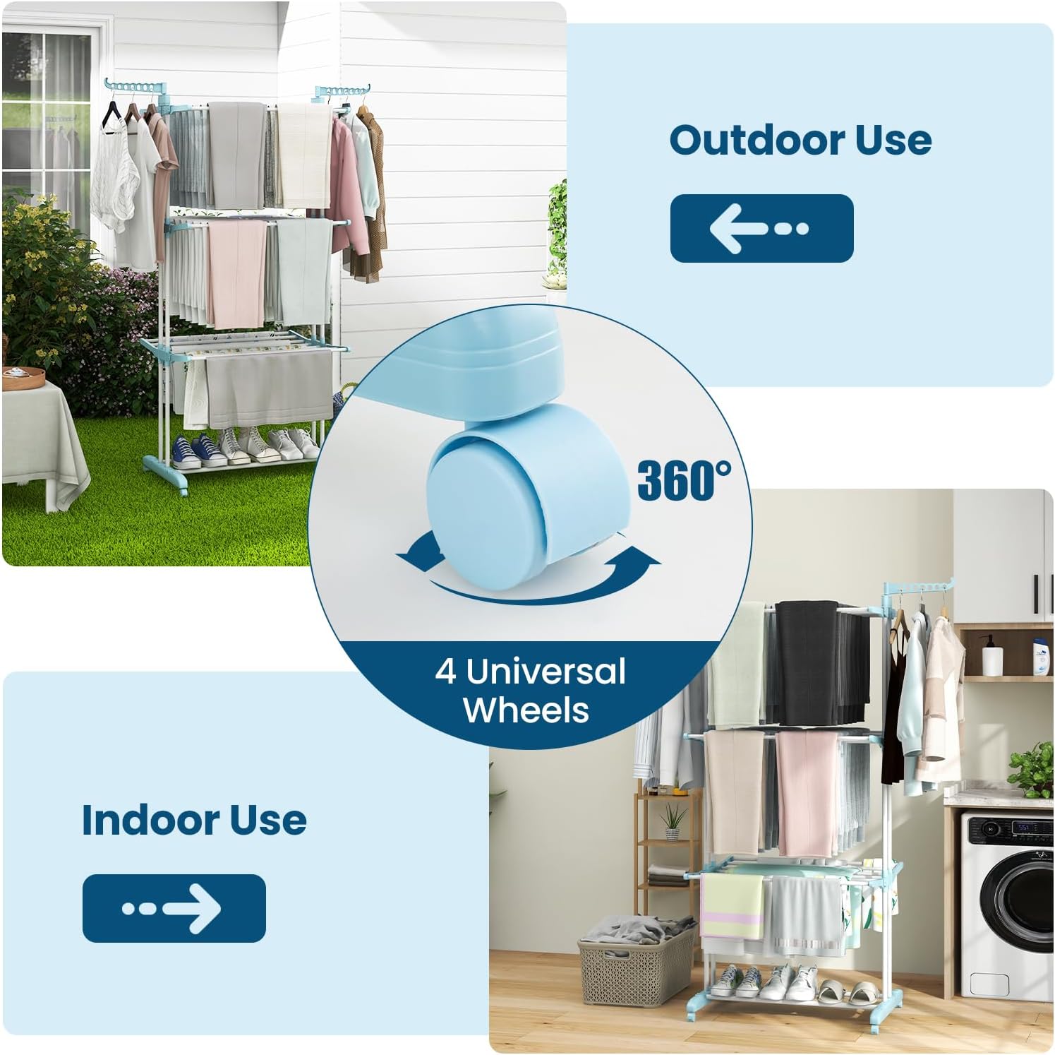 Giantex Foldable Clothes Drying Rack, Oversized 4-Tier Collapsible Laundry Rack w/ 3 Retractable Trays, Hanger Holders, Moveable Laundry Garment Dryer Stand w/Wheels for Indoor Outdoor Use, Blue