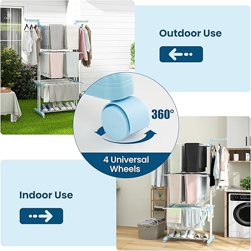 Miniatura 7 de Giantex Estante de secado de ropa plegable, estante plegable de gran tamaño de 4 niveles con 3 bandejas retráctiles, soportes para perchas, soporte