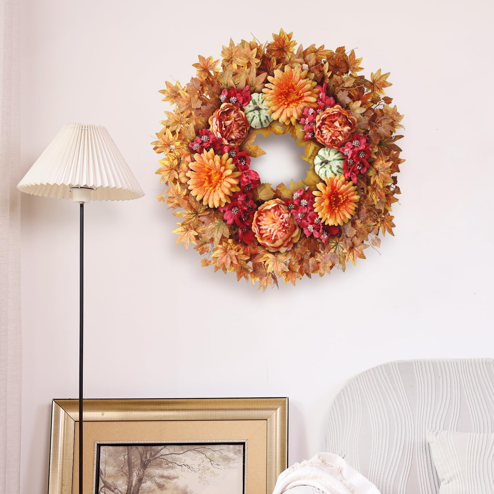 Couronne d'automne de 66 cm pour porte d'entrée – Grandes feuilles d'érable artificielles en soie synthétique – Couronne d'extérieur pour porche, fenêtre, ferme, maison, Thanksgiving, festival