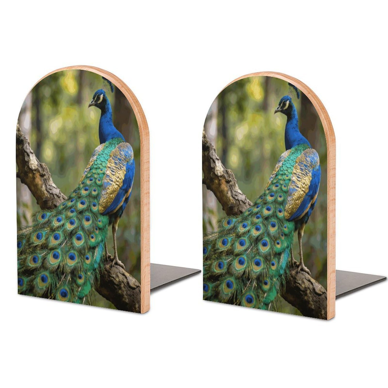Colorful Peacock on A Tree Branch Book End for Shelves Book Shelf Holder Home Decorative Non Skid Book Stoppers Universal Economy Bookend Wood Handmade Heavy Duty Bookend for Home Office 1 Pair