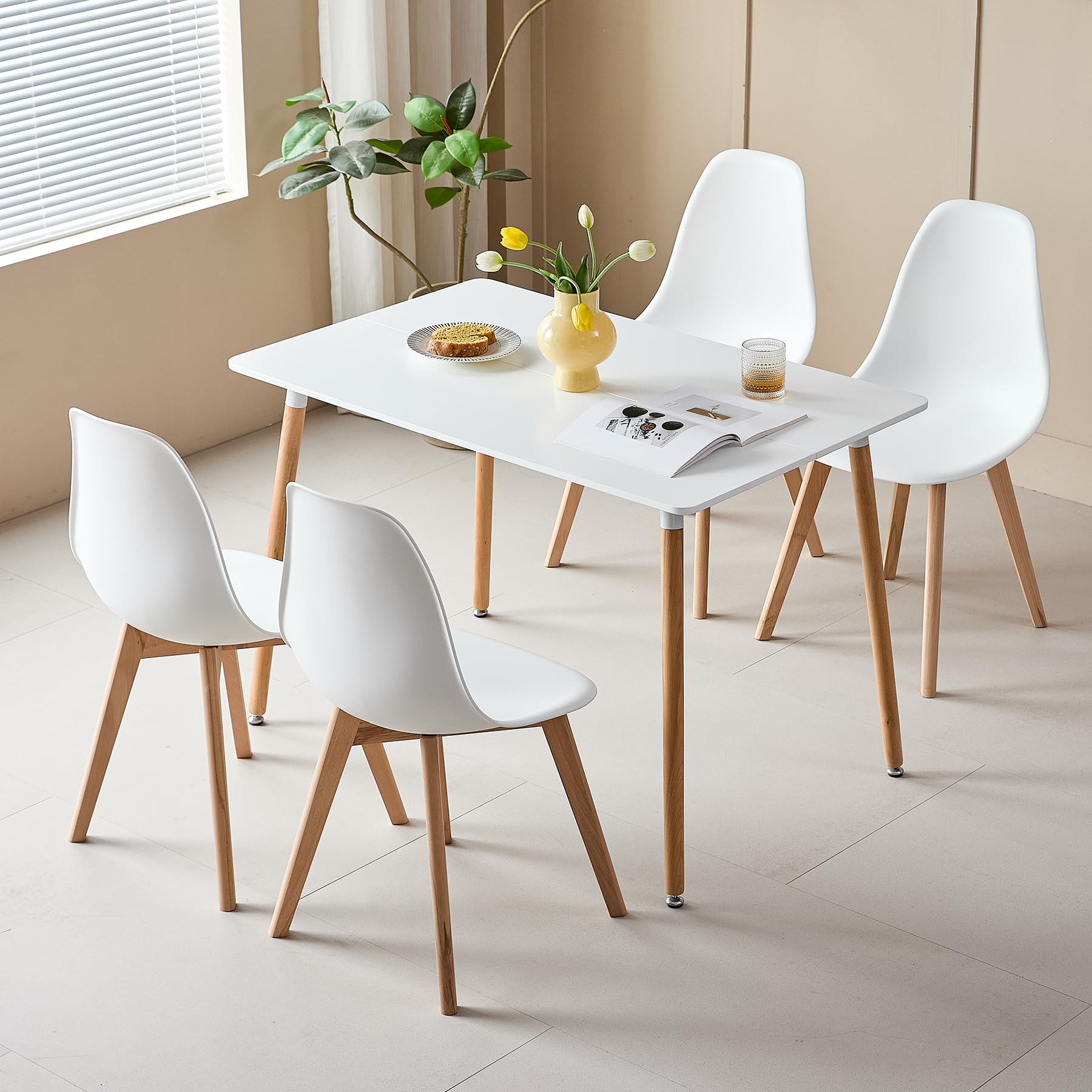 Mesa de Comedor con 4 Sillas - Mesa 110x70x74cm (Tablero de MDF + Patas de Haya) y Sillas de PP con Patas de Haya, Estilo Escandinavo (Blanco-CZ)