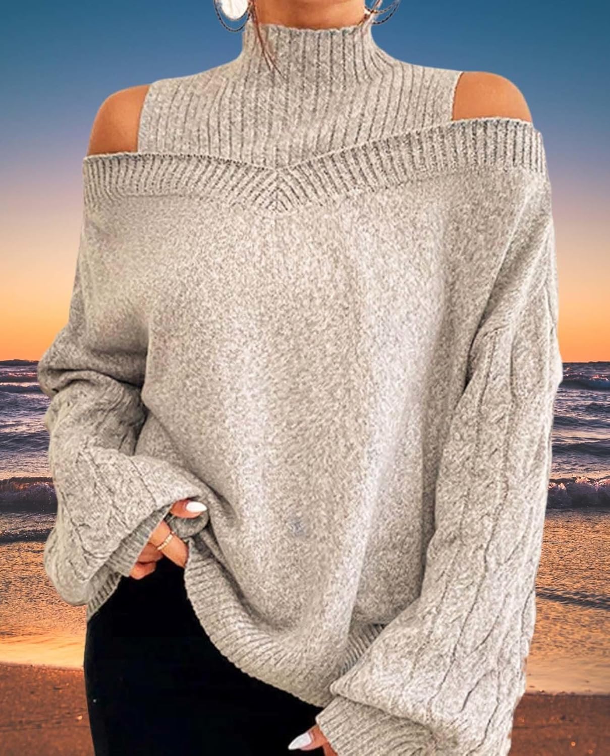Turtleneck Sweaters for Womens Fall Fashion Casual Off The Shoulder Long Sleeve Solid Knit Pullover Sweater Top - Image 5