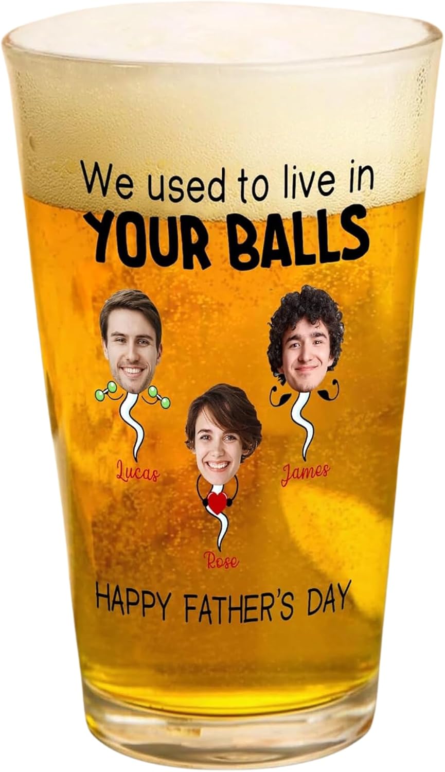 Gossby Personalized We Used to Live in Your Balls Beer Glass Custom Father's Day 2026 Gift from 3 Kids, Funny Photo Pint Glass Dad from Daughter Son Wife