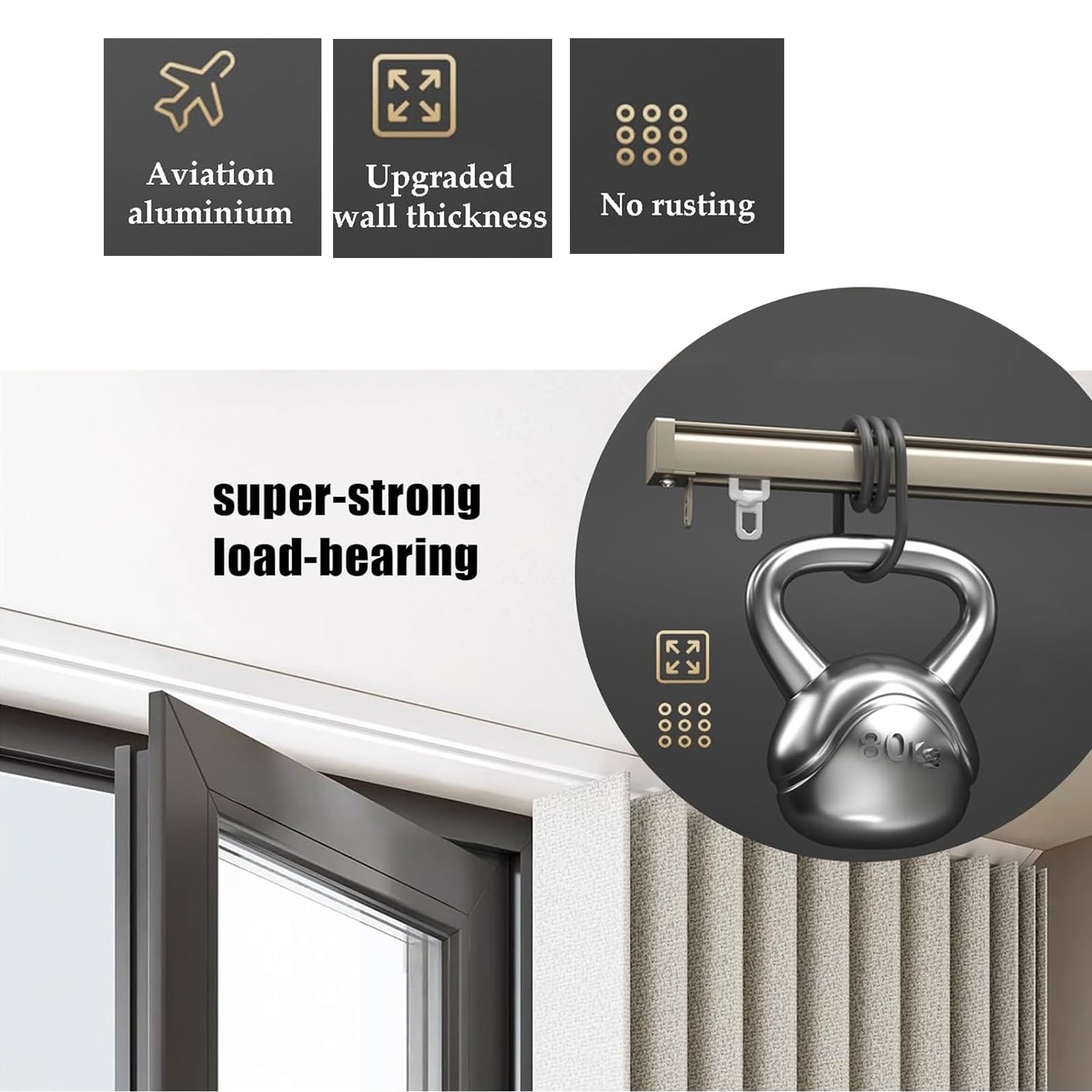 Szyna do zasłon ze stopu aluminium, szyna do zasłon do kampera, szyna sufitowa do zasłon, sufit do montażu na ścianie, karnisz z rolkami wyciszającymi, złoty, 150 cm