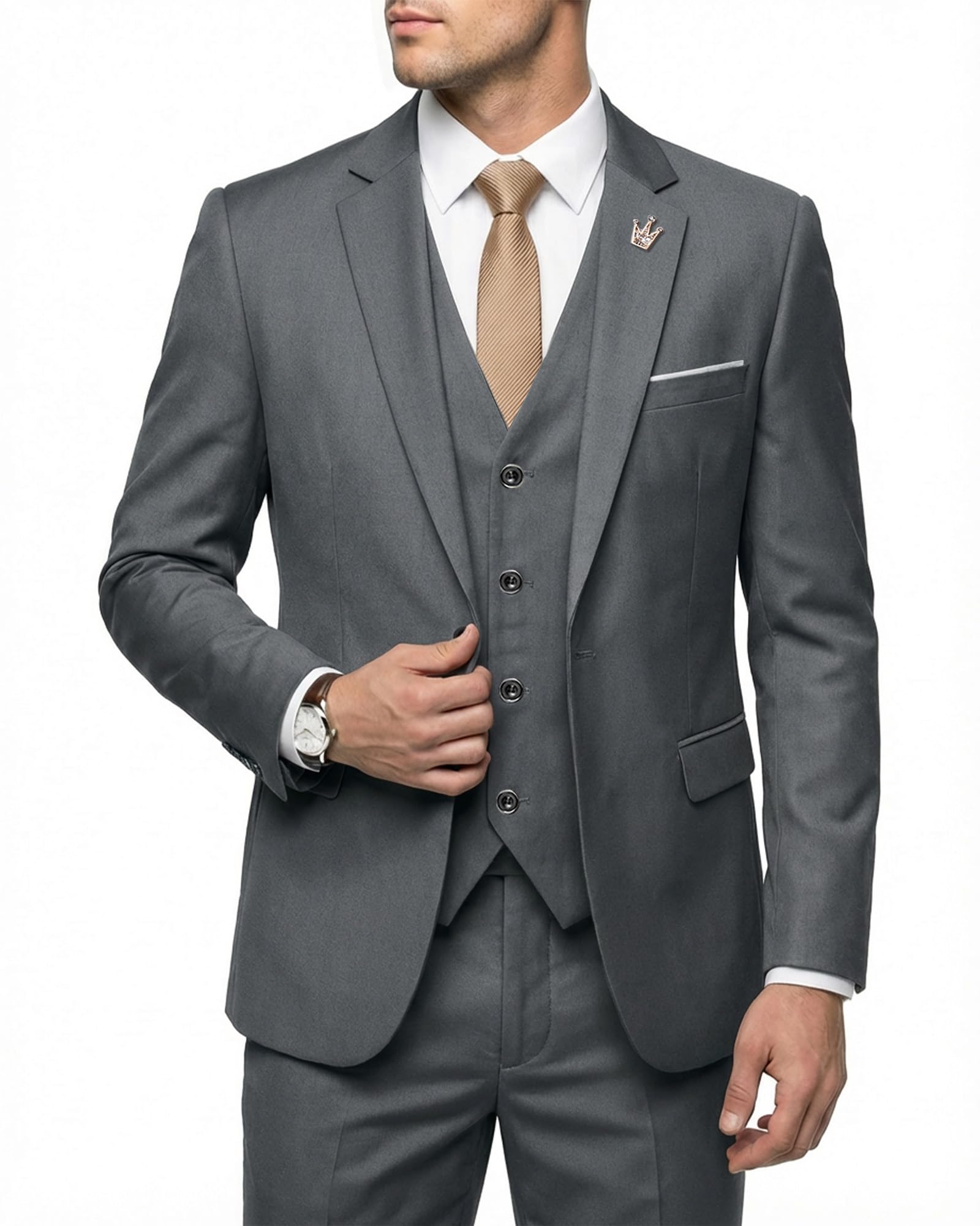 MYS Men's 3 Piece Slim Fit Suit Set, One Button Solid Jacket Vest Pants with Tie