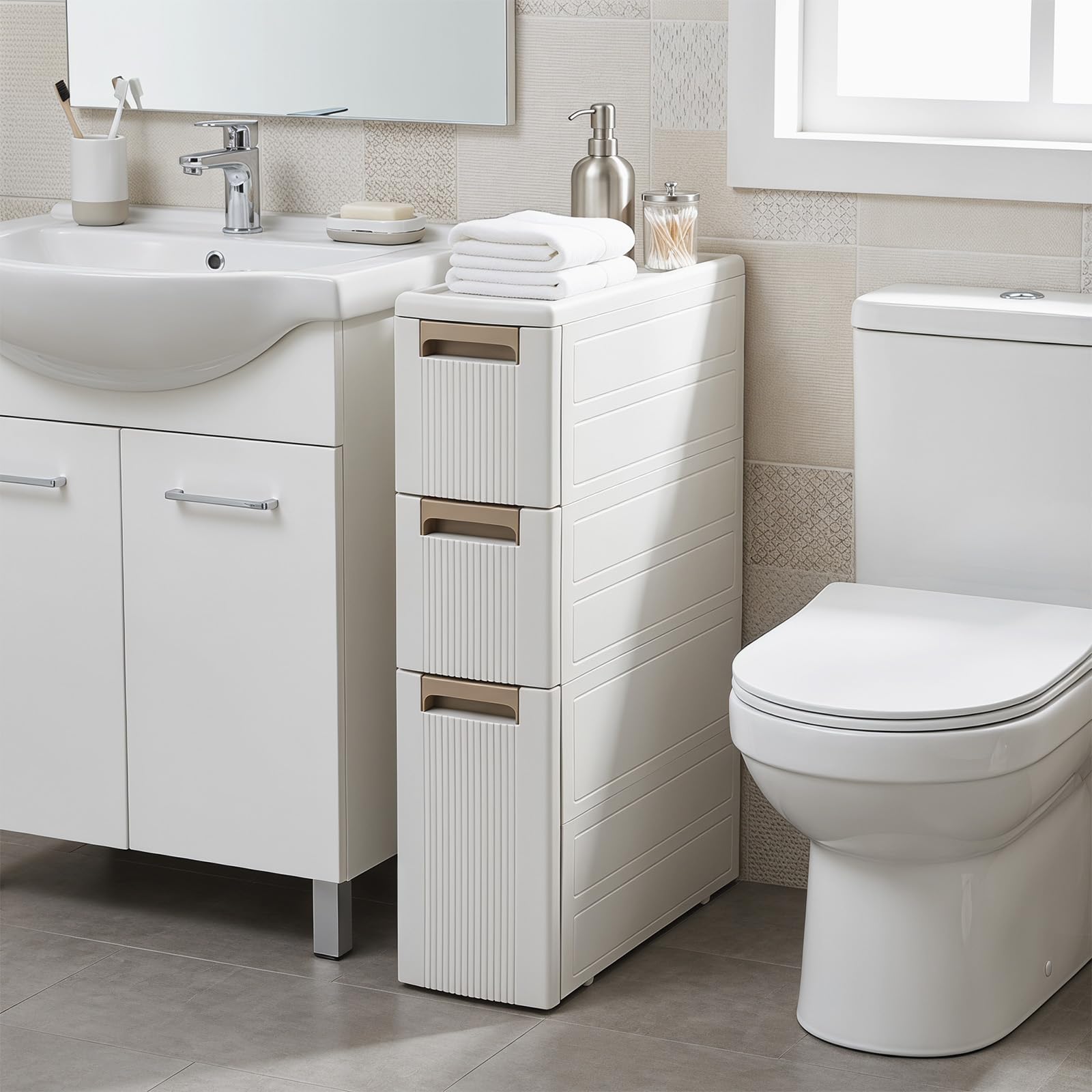 COSTWAY Petit Meuble Salle de Bain à roulettes (3 Tiroirs)