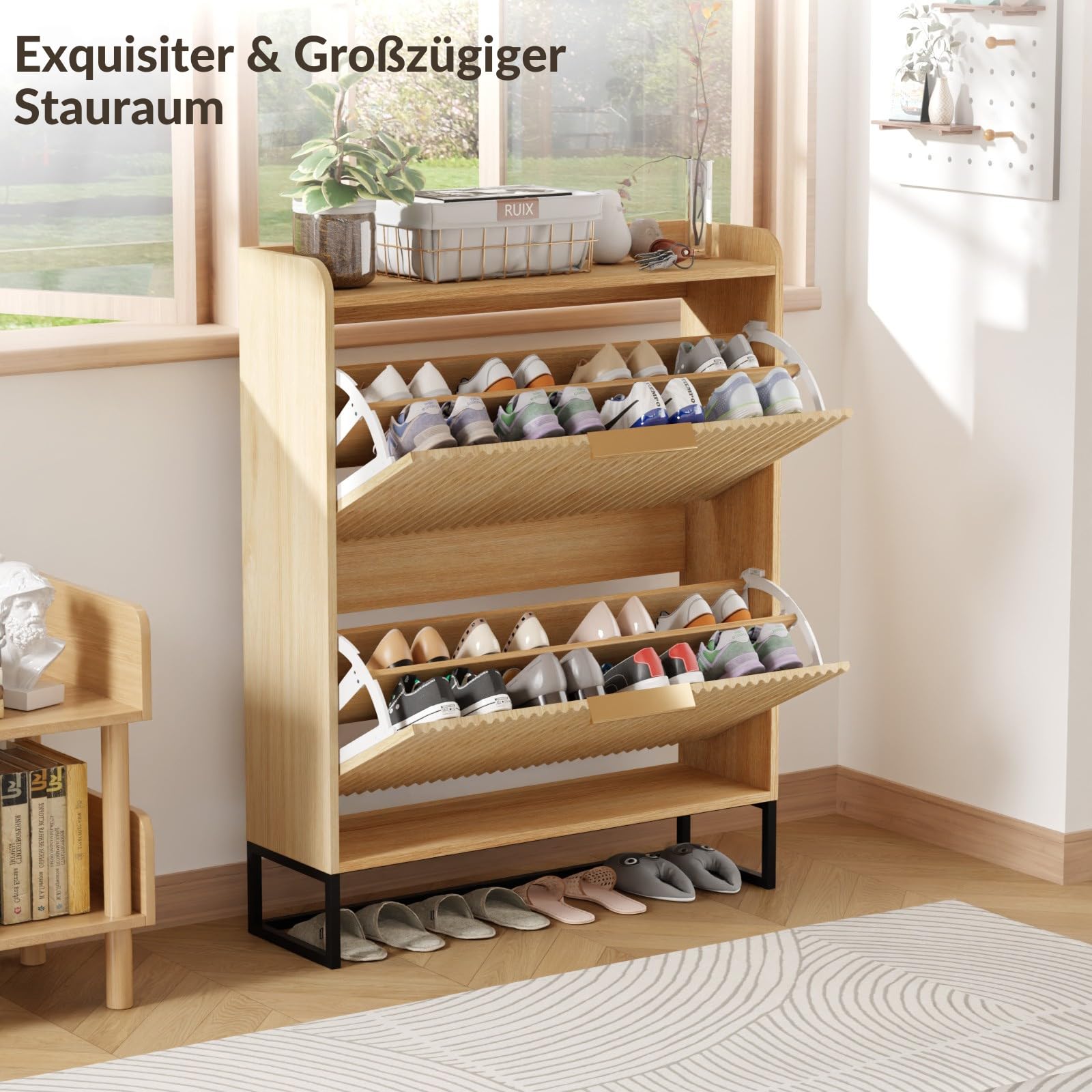 LEADZM Schuhschrank schmal,Schuhkipper mit 2 Flip-Schubladen Schuhregal mit Metallfüßen Trennwand verstellbar für den Eingang, Flur, Wohnzimmer 80x24x101cm(Eiche)