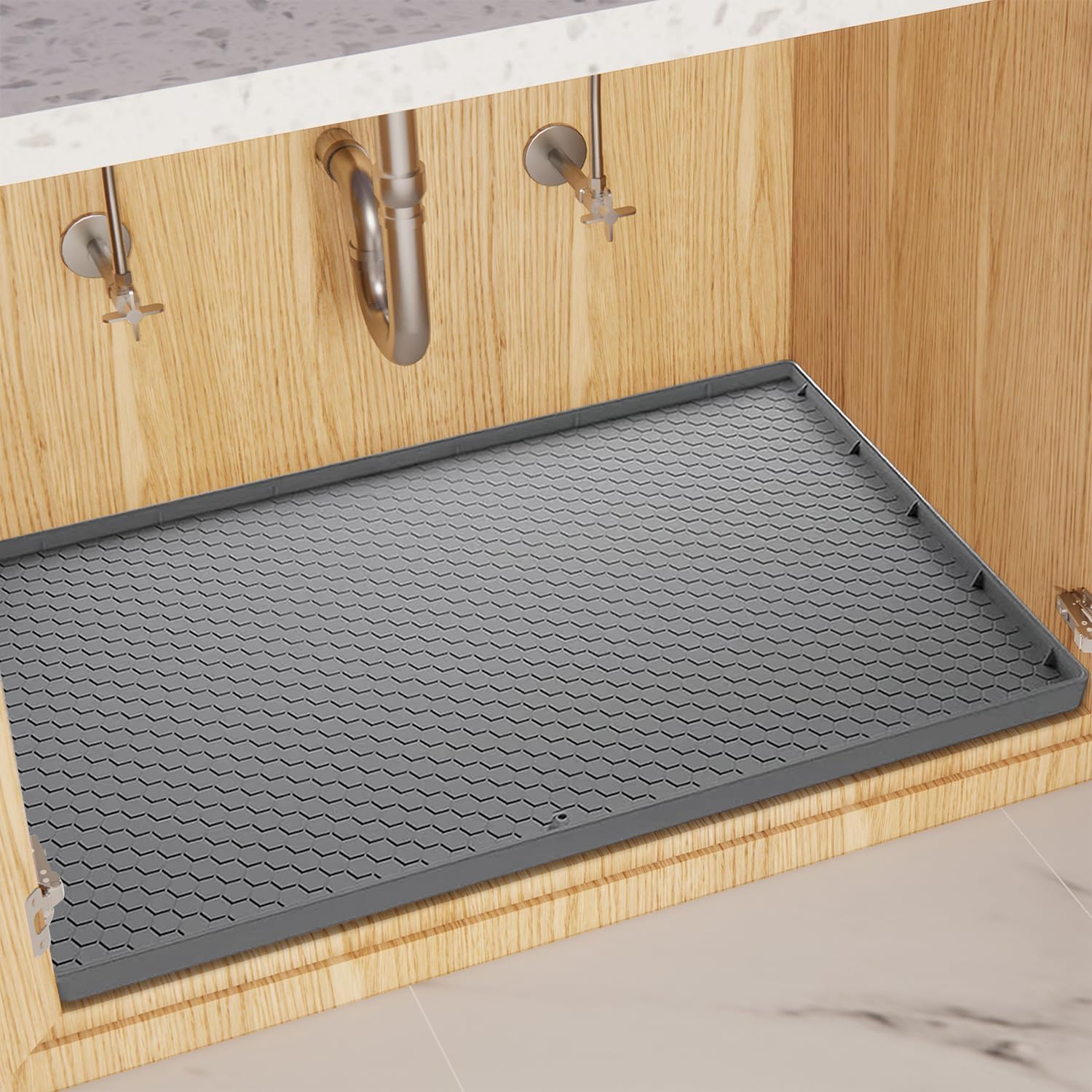 Hcosmy Under Sink Mat for [34" x 22"] Cabinet, Silicone Waterproof Mat, Kitchen Cabinet Liner Holds Over 2.2 Gallons, Cabinet Protector, Under Sink Tray for Drips, Leaks, Spills (Grey)