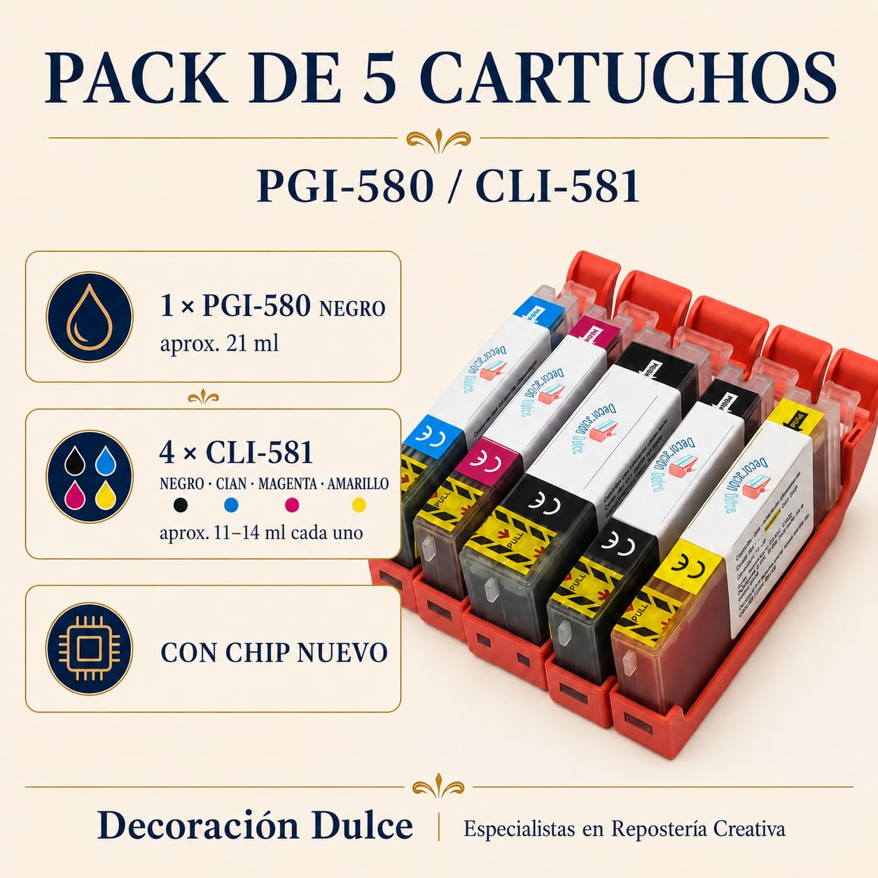 5 X Cartuchos Comestibles compatibles con Canon PGI-580 Y CLi-581. La Tinta Comestible no Contiene Gluten. Comprobar compatibilidades Antes de Comprar