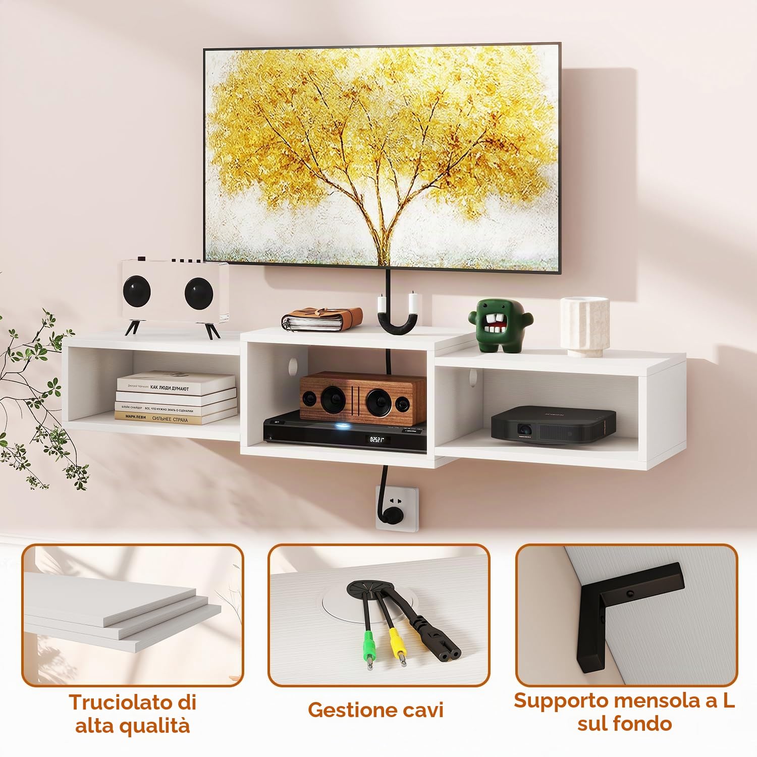 IBUYKE Supporto TV galleggiante da parete, mobile TV in legno, mensola per console multimediale, mobile mobile per TV sotto la TV, per soggiorno, camera da letto, ufficio, bianco WST013W