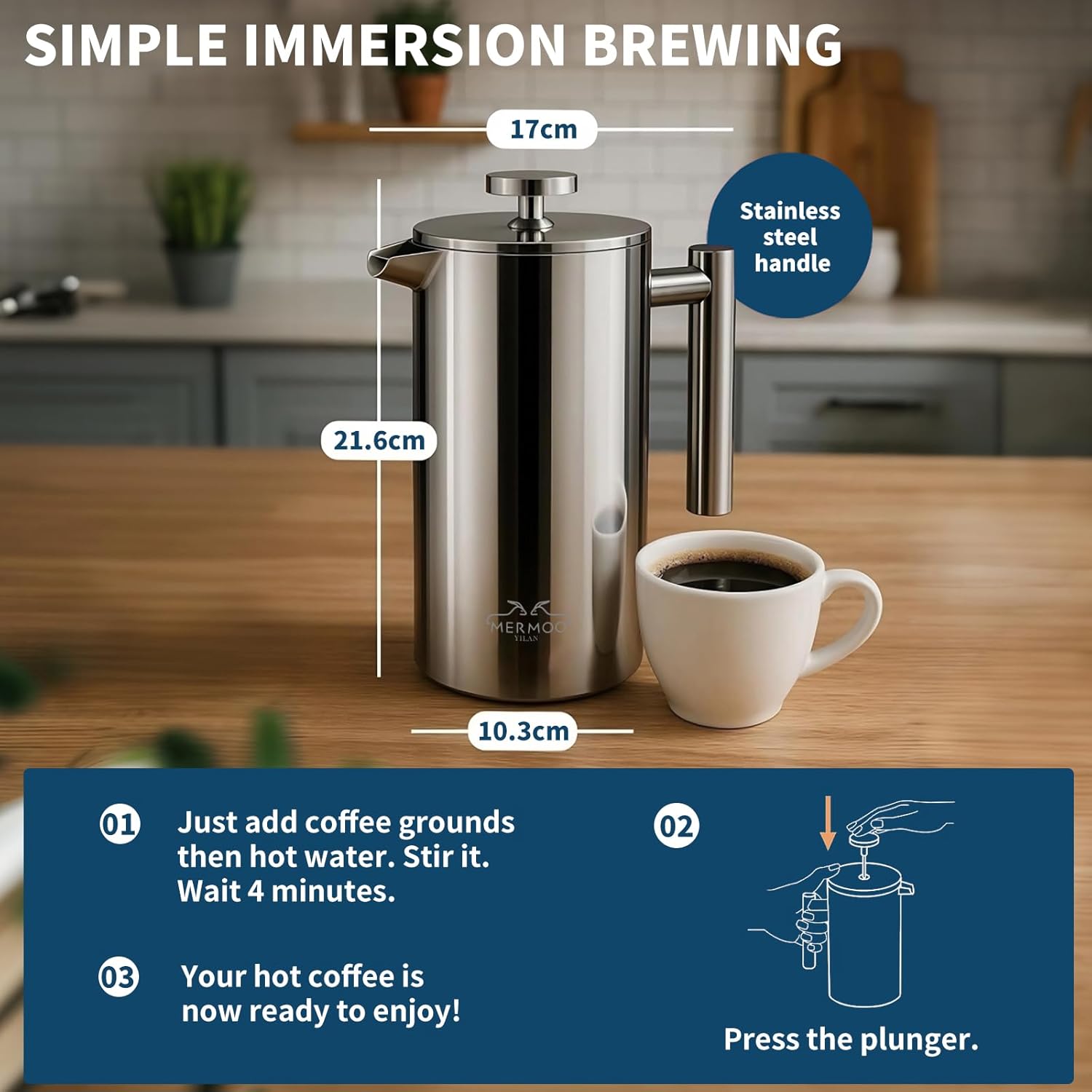 MERMOO YILAN French Press 34oz Insulated Stainless Steel Coffee Maker Unbreakable Coffee Press Easy to Clean for Home, Camping, Travel (Silver)
