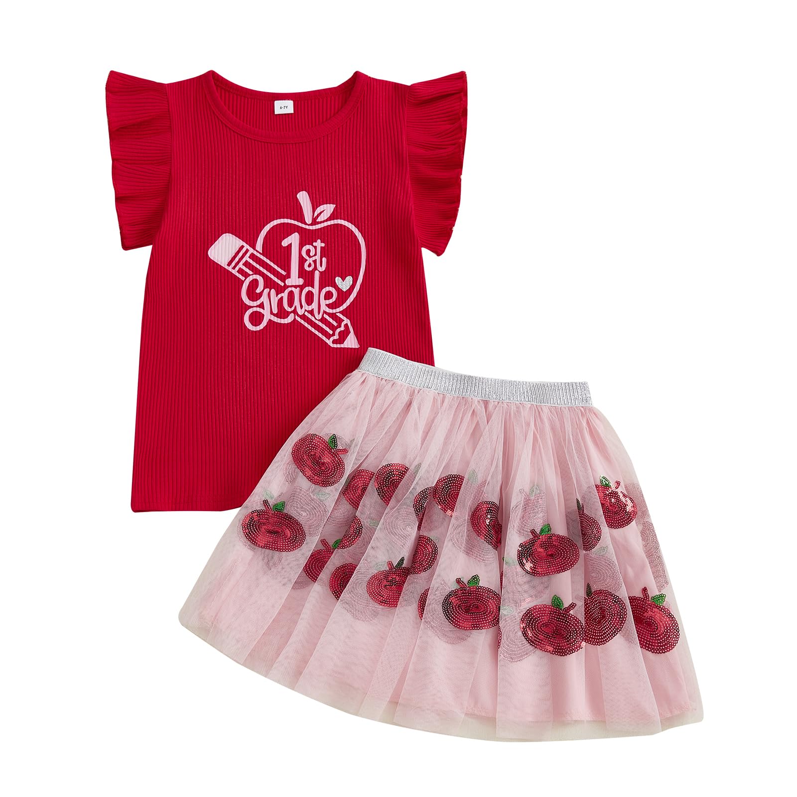 PUHHAPIEY Toddler Girl First Day of School Outfits Apple Shirt Skirt Set | Back to School Outfit Baby Girl Kindergarten Pre-K 1st Grade Clothes Apple