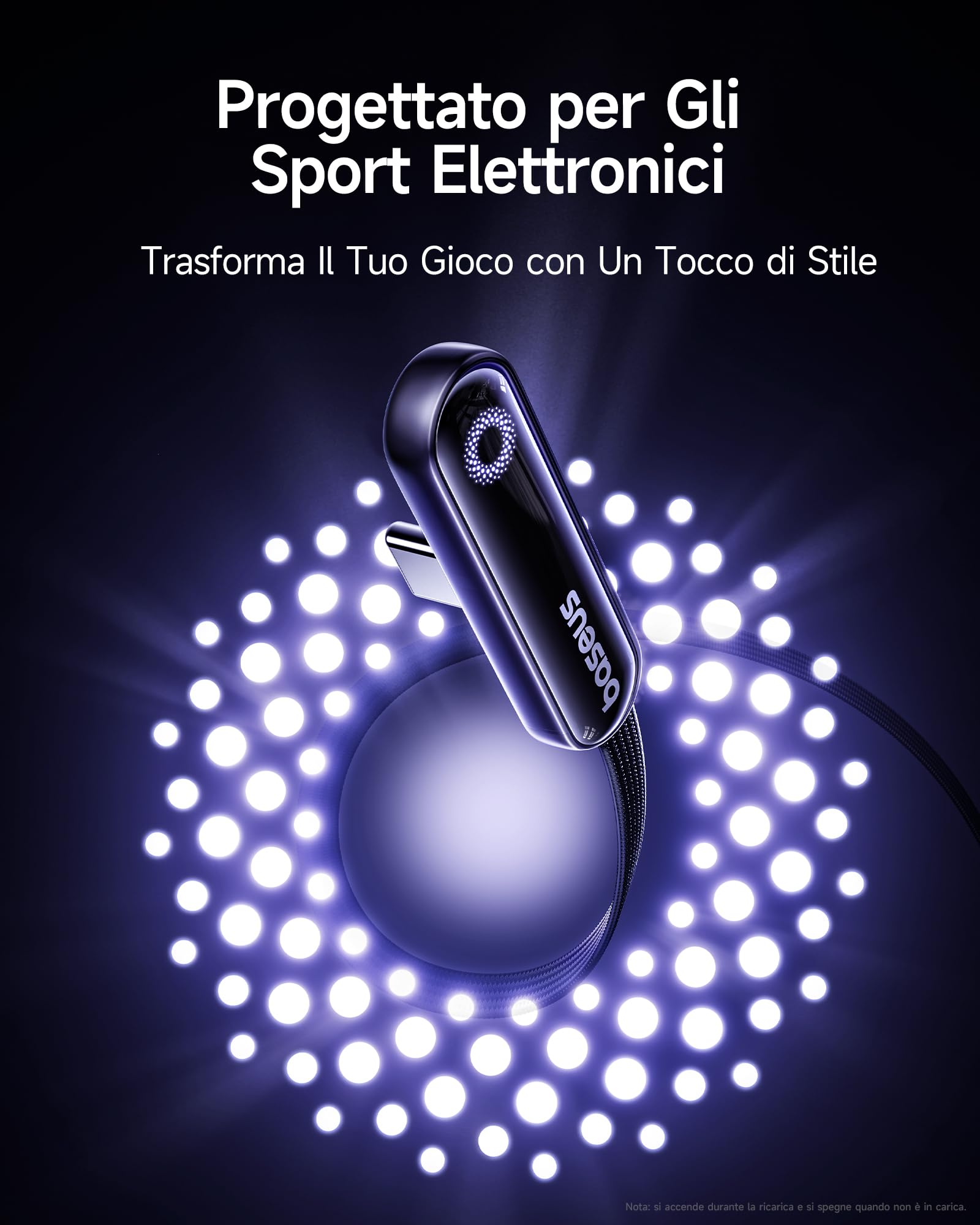 Baseus USB C Cavo con Angolo di 90°, 100 W Typ-C su C E-Sport Cavo con Luce ad Anello, 480Mbps, Cavo di Alimentazione Floccato per iPhone16/16Pro/16Pro Max/15, Samsung S24U, Macbook, 1m