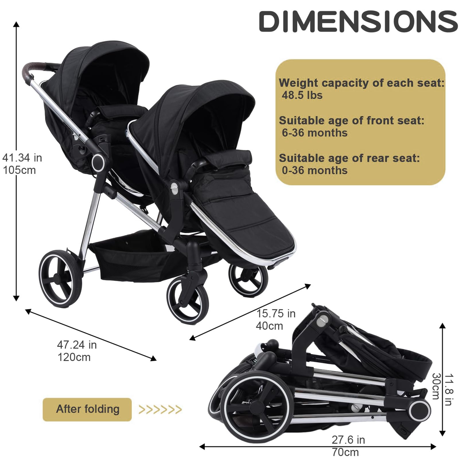 TALENBEEN 2-in-1 Tandem Double Stroller Convertible Twin to Single
