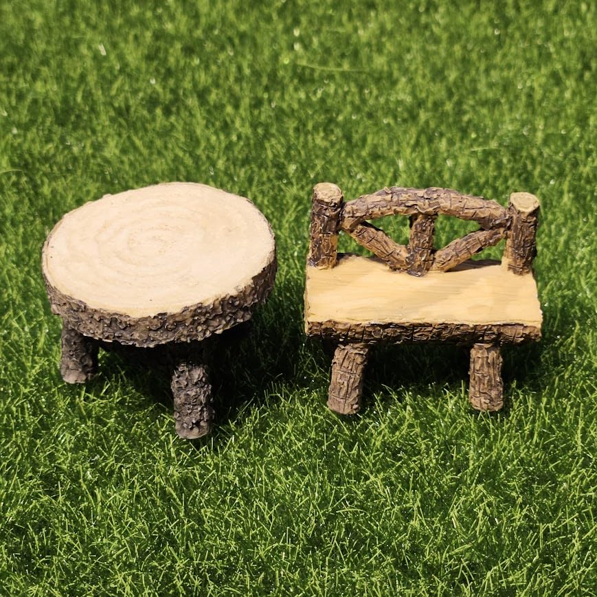 Image of Miniature Wooden Bench & Table Set of 2 | Rustic Dollhouse Furniture & Mini Garden Decor | Handmade Mini Set for Fairy Garden, Terrarium, Craft Displays & Gift Ideas