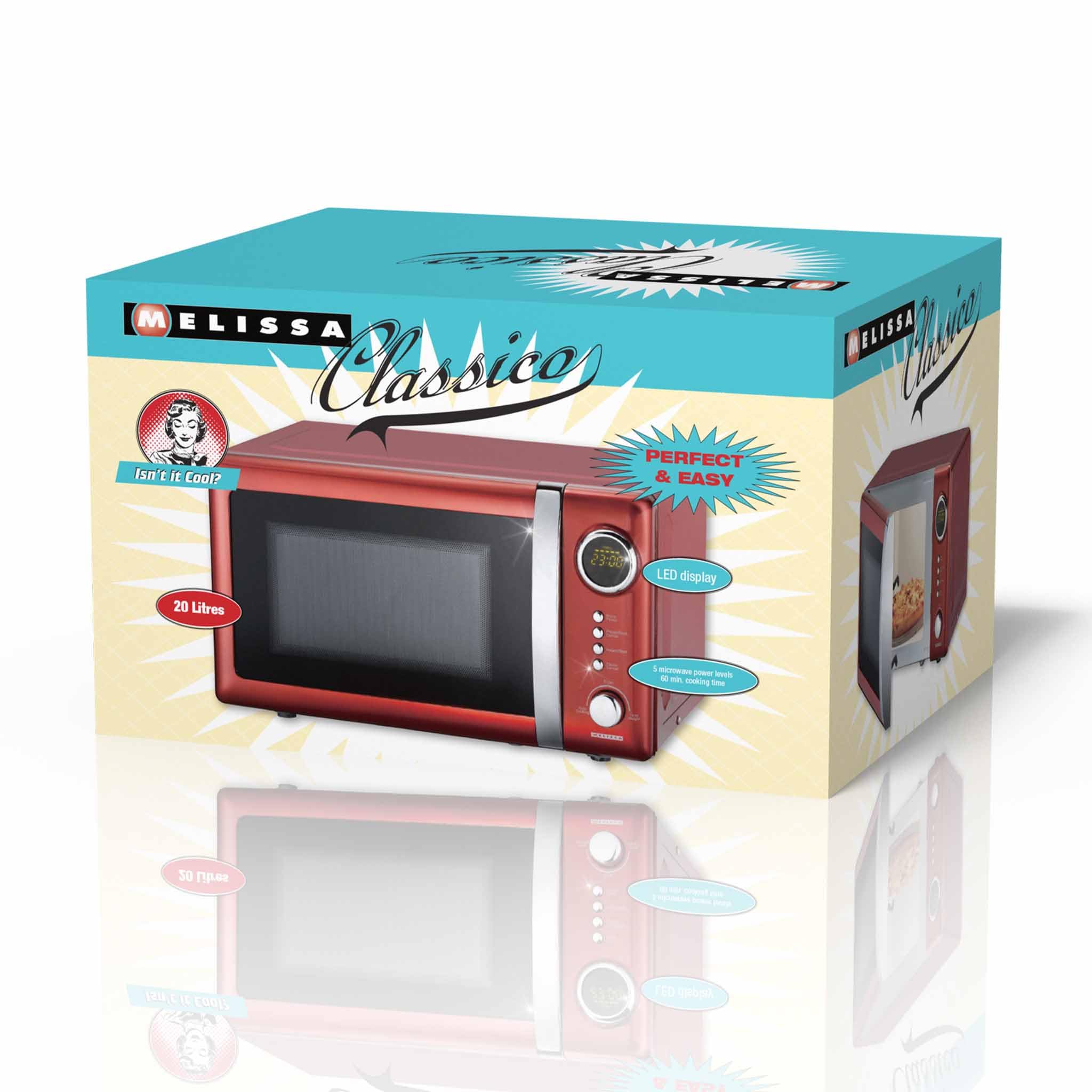 Melissa 16330109 Classico Microondas - Horno microondas - Diseño retro - Carcasa metálica - Cámara de cocción de 20 litros - Potencia de700 vatios - Temporizador - 5 niveles de potencia - rojo