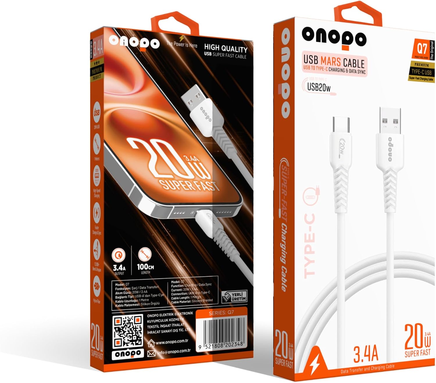 Onopo Android Xiaomi Uyumlu Type-C to USB 3.4A Hızlı Şarj ve Data Kablosu 1 Metre - Q7 | Beyaz Smart Kablo